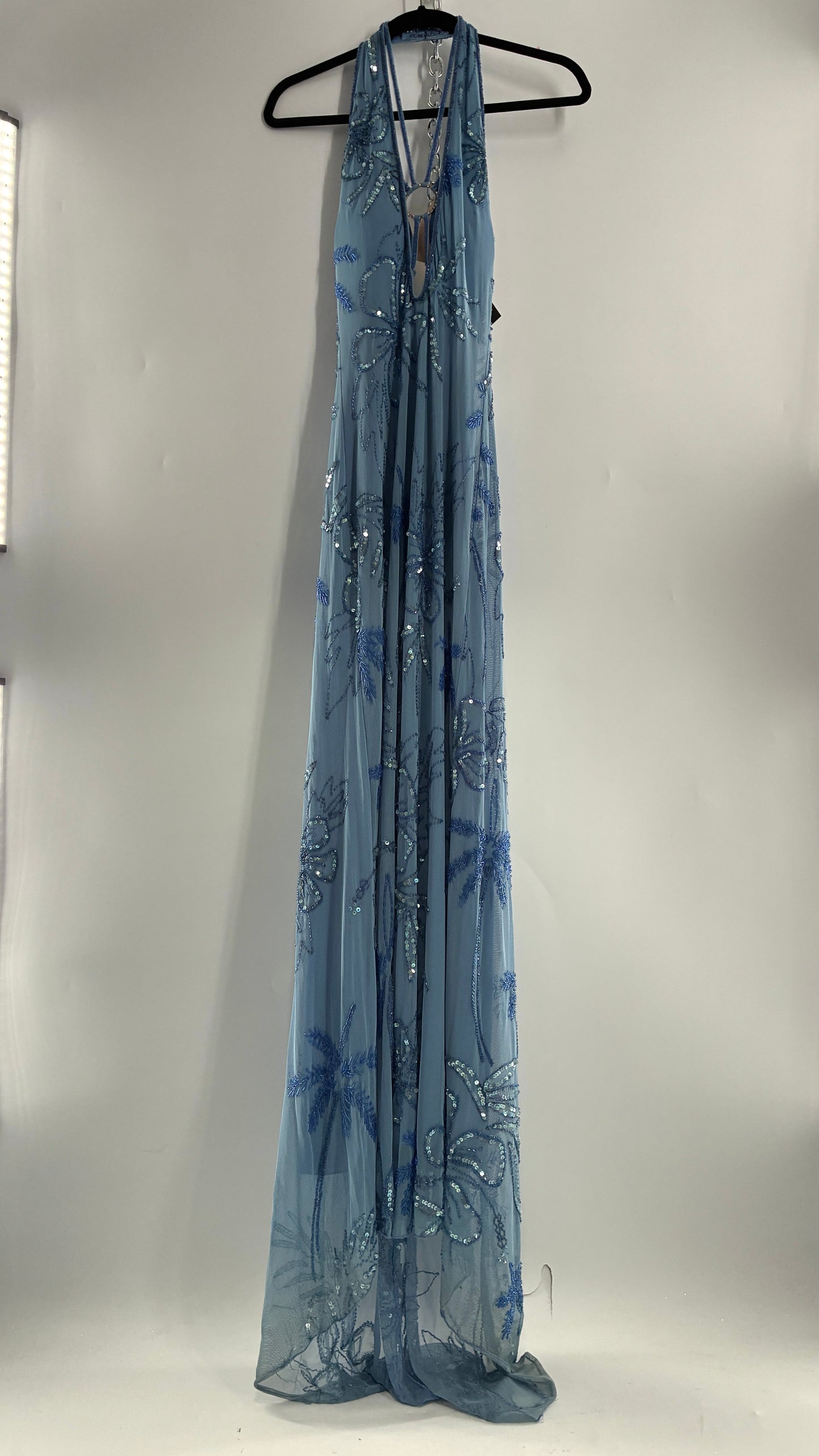 Vintage 1990s Powder Blue Gown Covered in Beaded Appliqué Tropical Designs with Strappy Bust and Low, Open Back (S/M, stretchy no size marked)