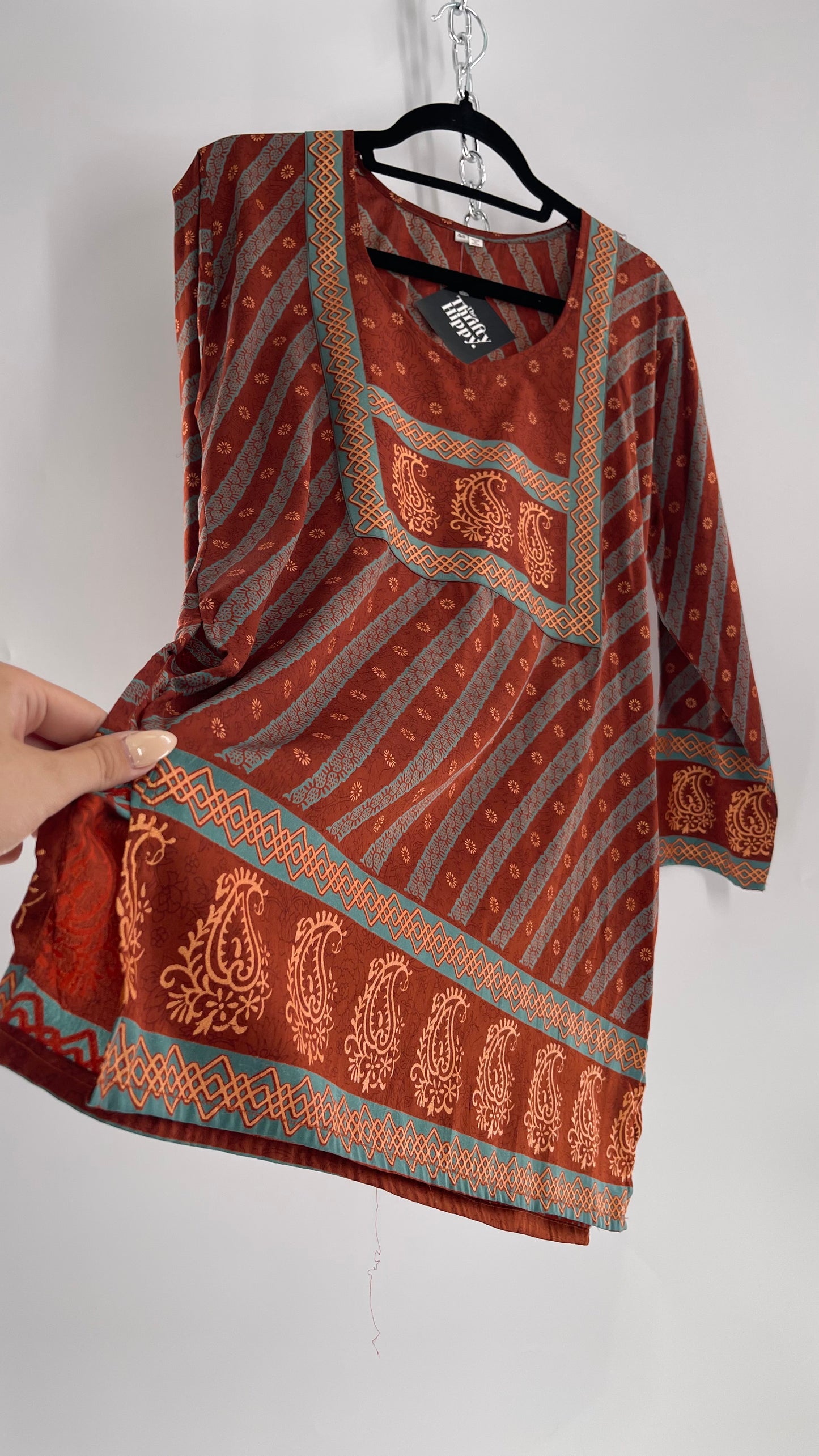 Vintage 1970s Indian 100% Silk Tunic Burnt Orange, Teal and Gold (40)