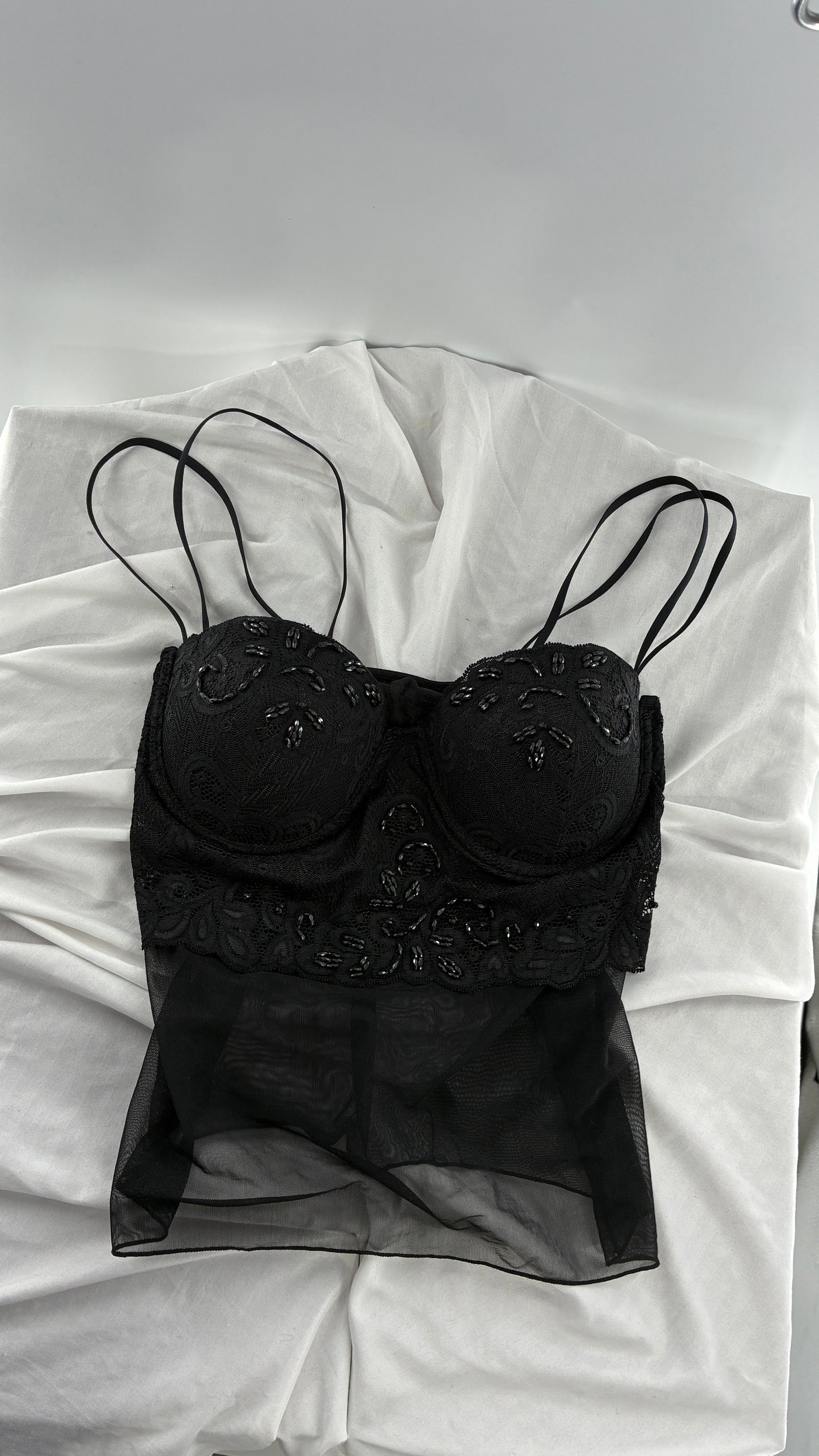 Vintage LA FRESCA Black Lace Bustier Babydoll with Mesh Bodice and Beaded Cups/Band (Large)