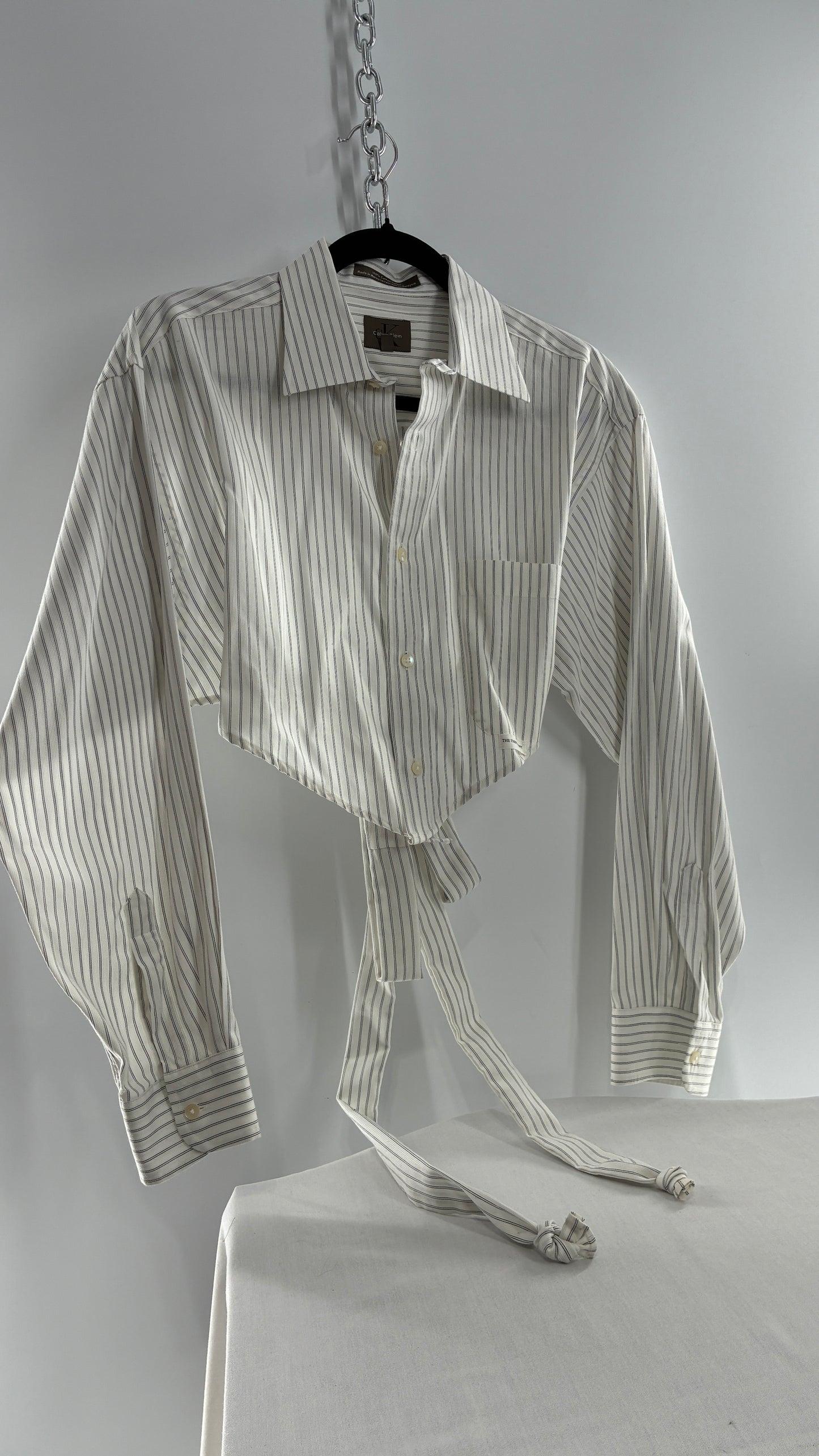 Vintage CALVIN KLEIN Reworked Button Front Backless White Striped Blouse (One Size)