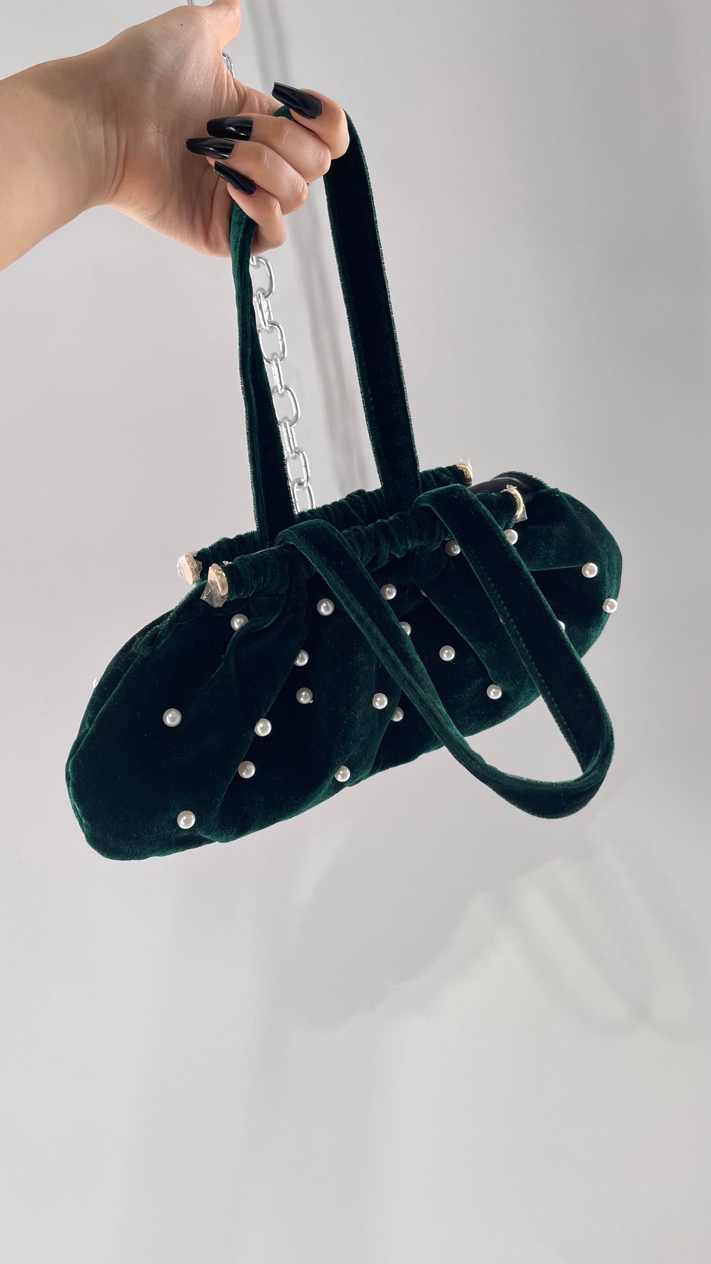 Vintage Deep Green Velvet Purse Covered in Pearls, and Featuring Gold Metal Closure Still Lined in Protective Plastic