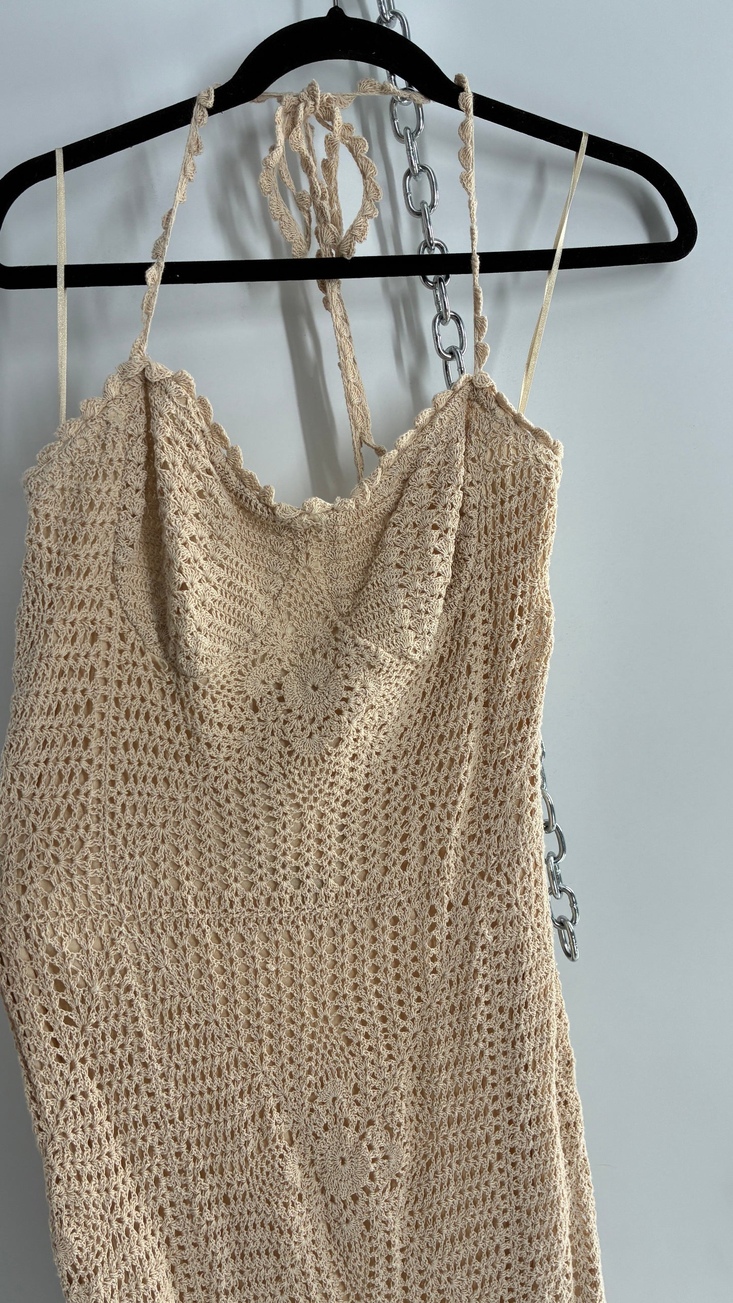 Free People Beige Crochet Knit Máxi Dress (Large)