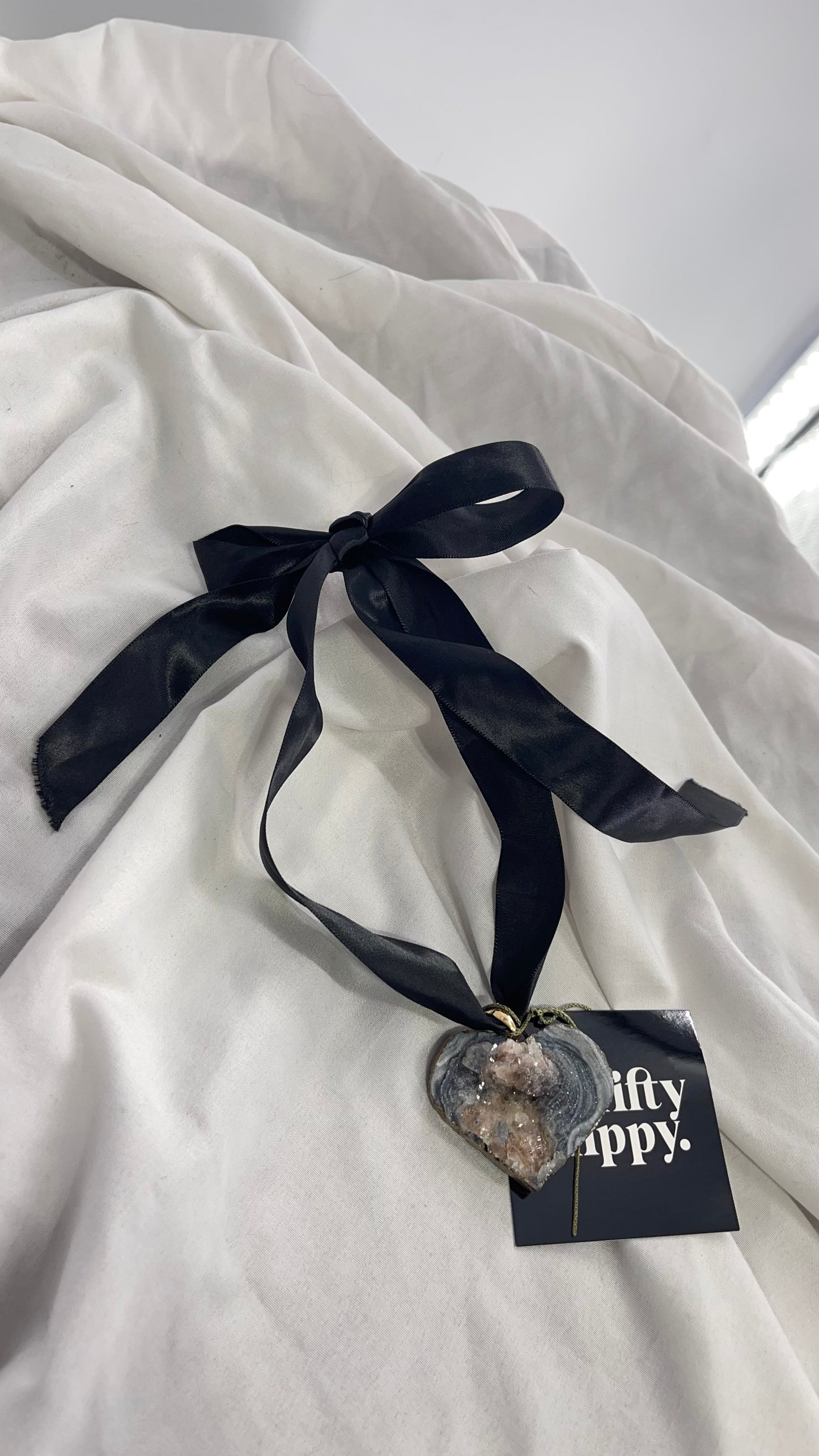 Vintage Geode Heart Stone Pendant Necklace with Black Ribbon