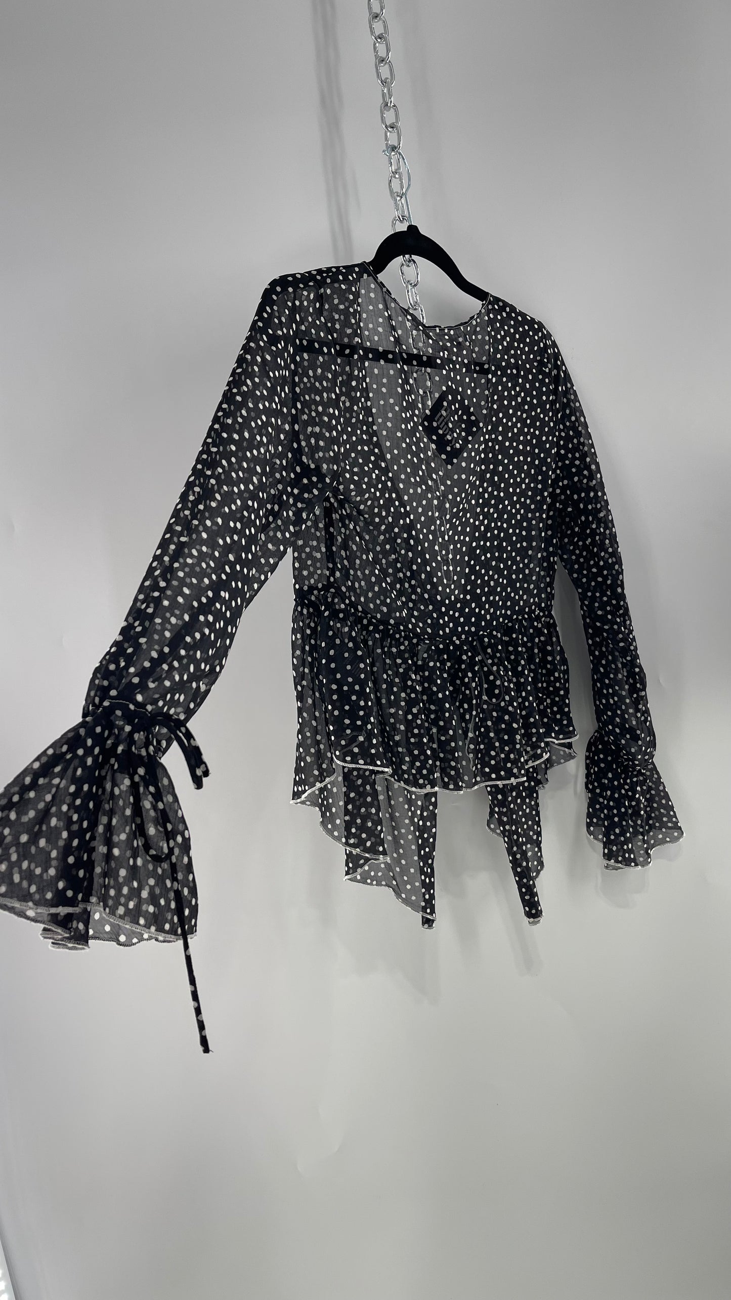 Urban Outfitters Black and White Polka Dot Tie Front Blouse with Tie Sleeve Detail (Small)