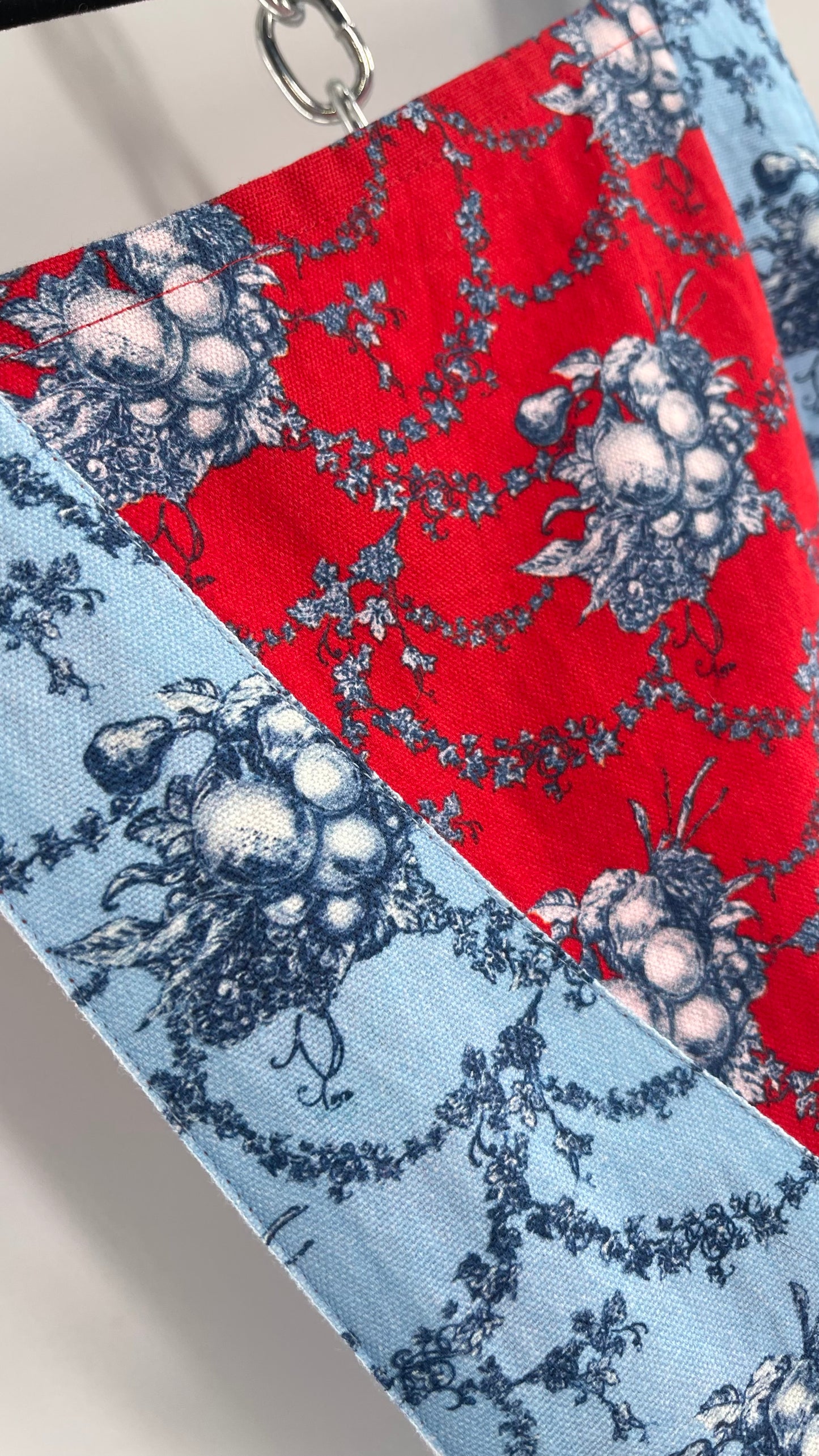 Vintage Apron Red and Baby Blue Floral/Citrus Patterned Mini Dress with Tie Around Bow (S\M)