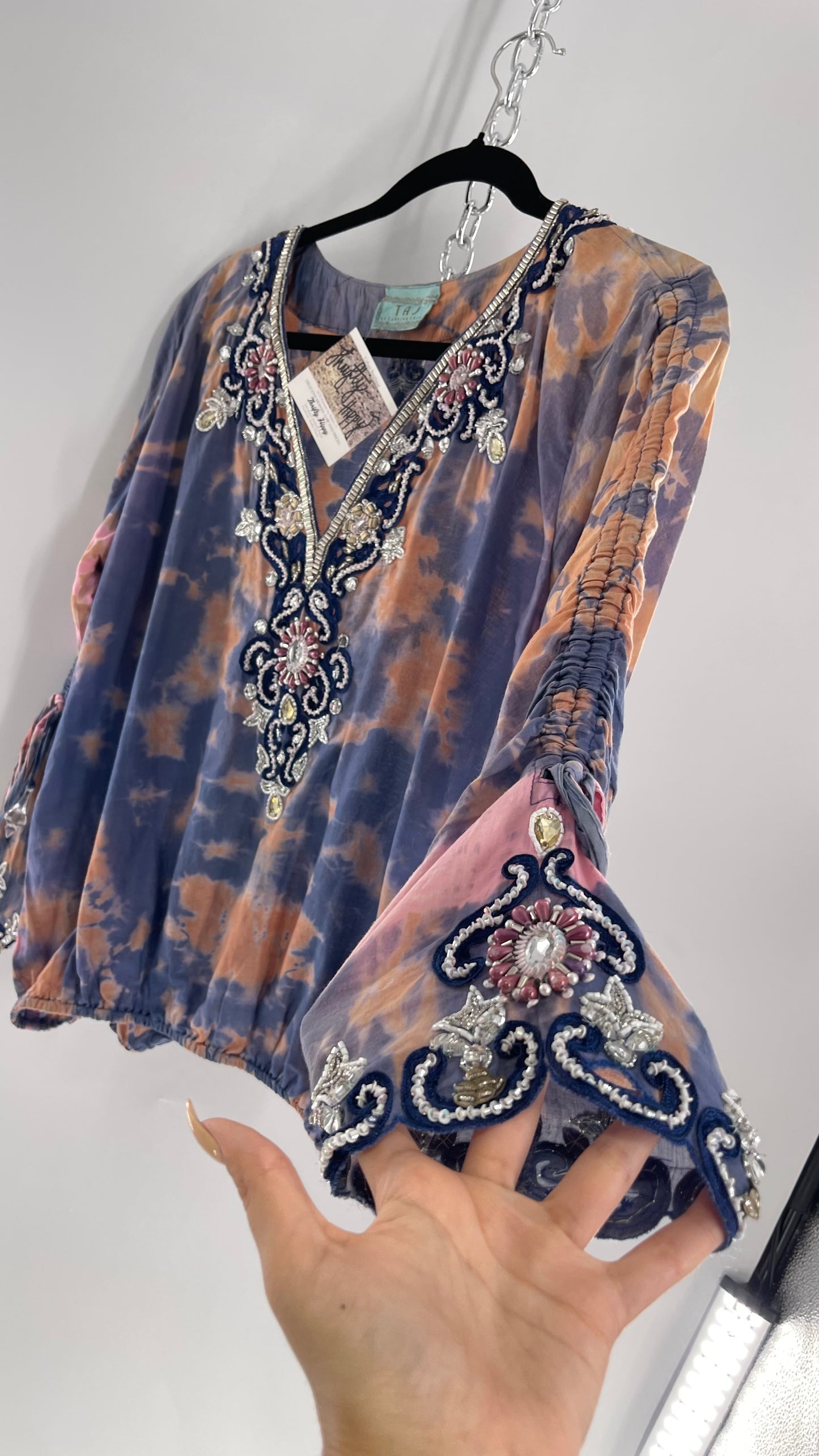 TAJ by Sabrina Crippa Tie Dye Blouse with Gemstone Encrusted Neckline and Ruched Beaded Sleeves (S/M)