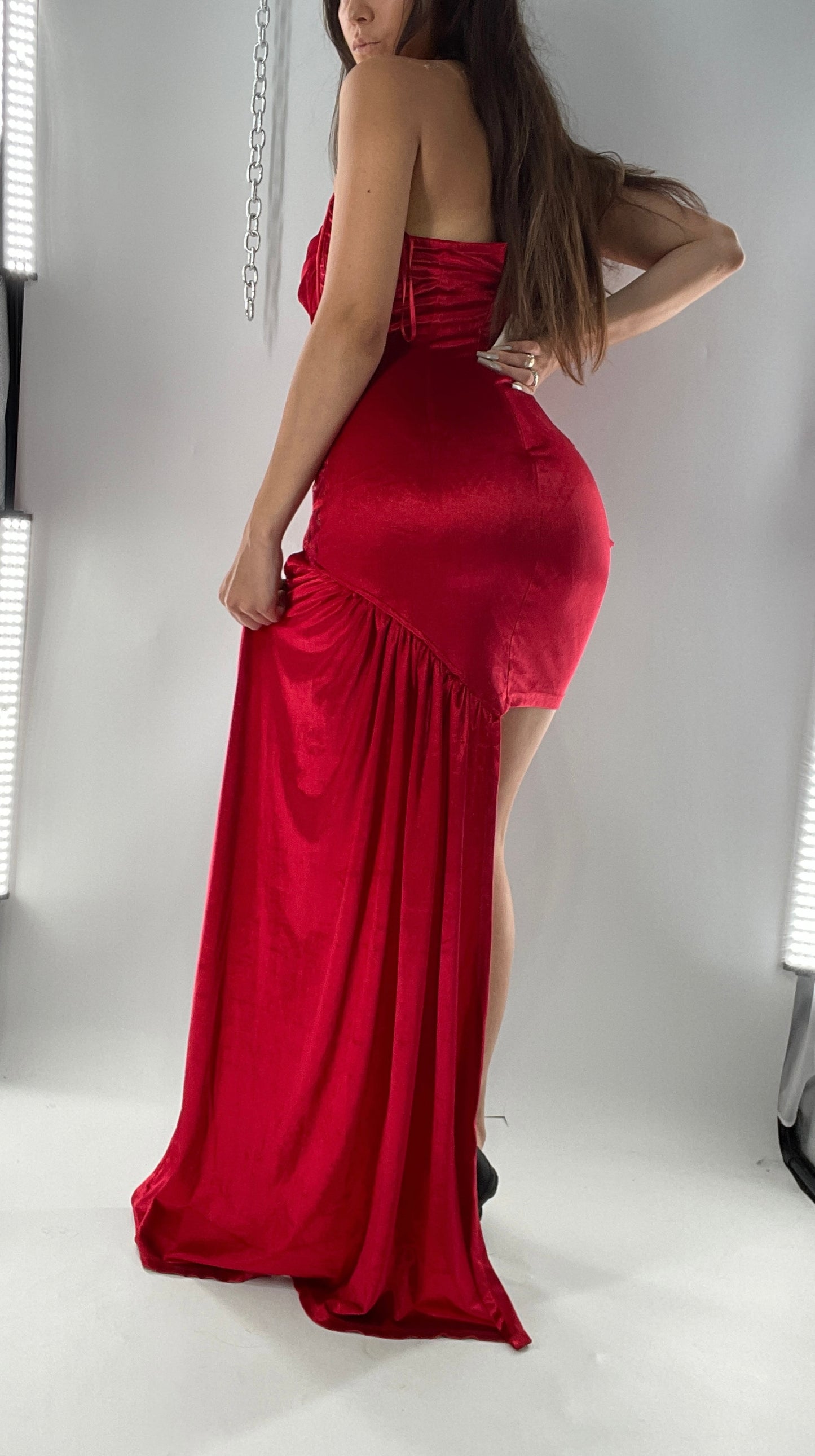 BANJUL Nalu Boutique Red Velvet Ultra Micro Mini Dress with Sheer Corseted Body, Ruched Cups and Side Sash (M)