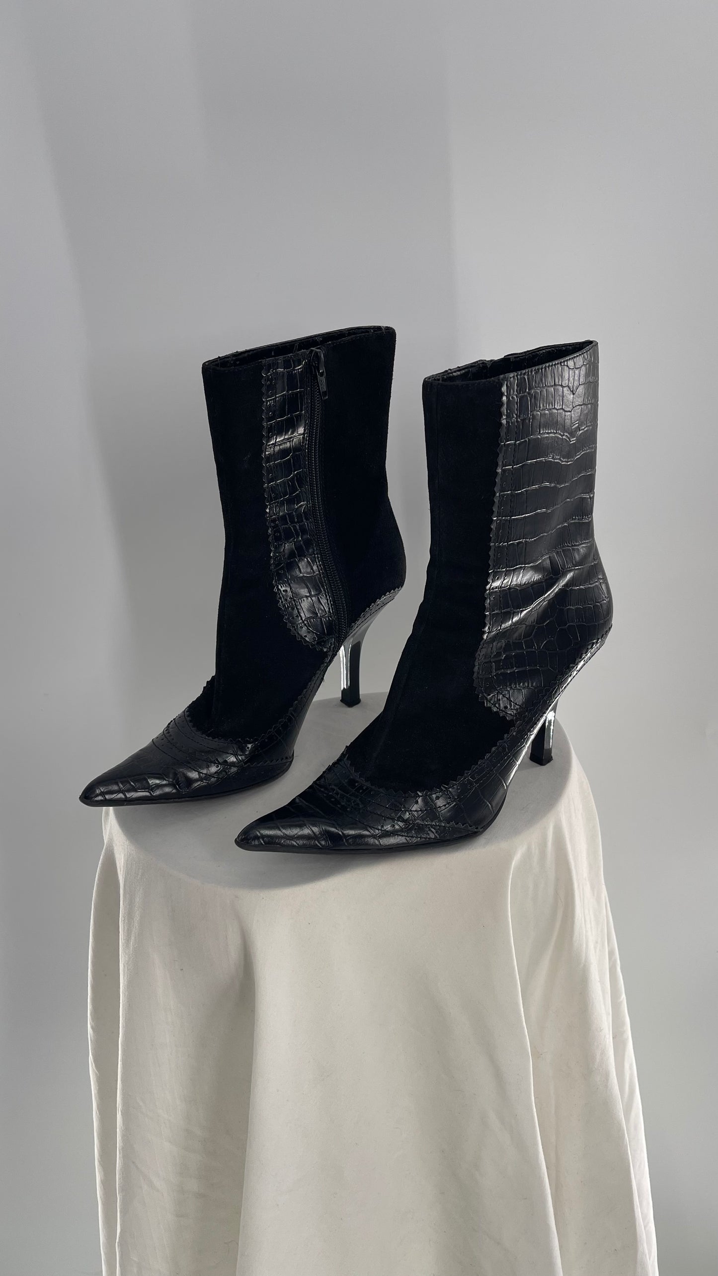NINE WEST Black Leather Pointed Kitten Heel Boot with Scalloped Embossed Panels (8)