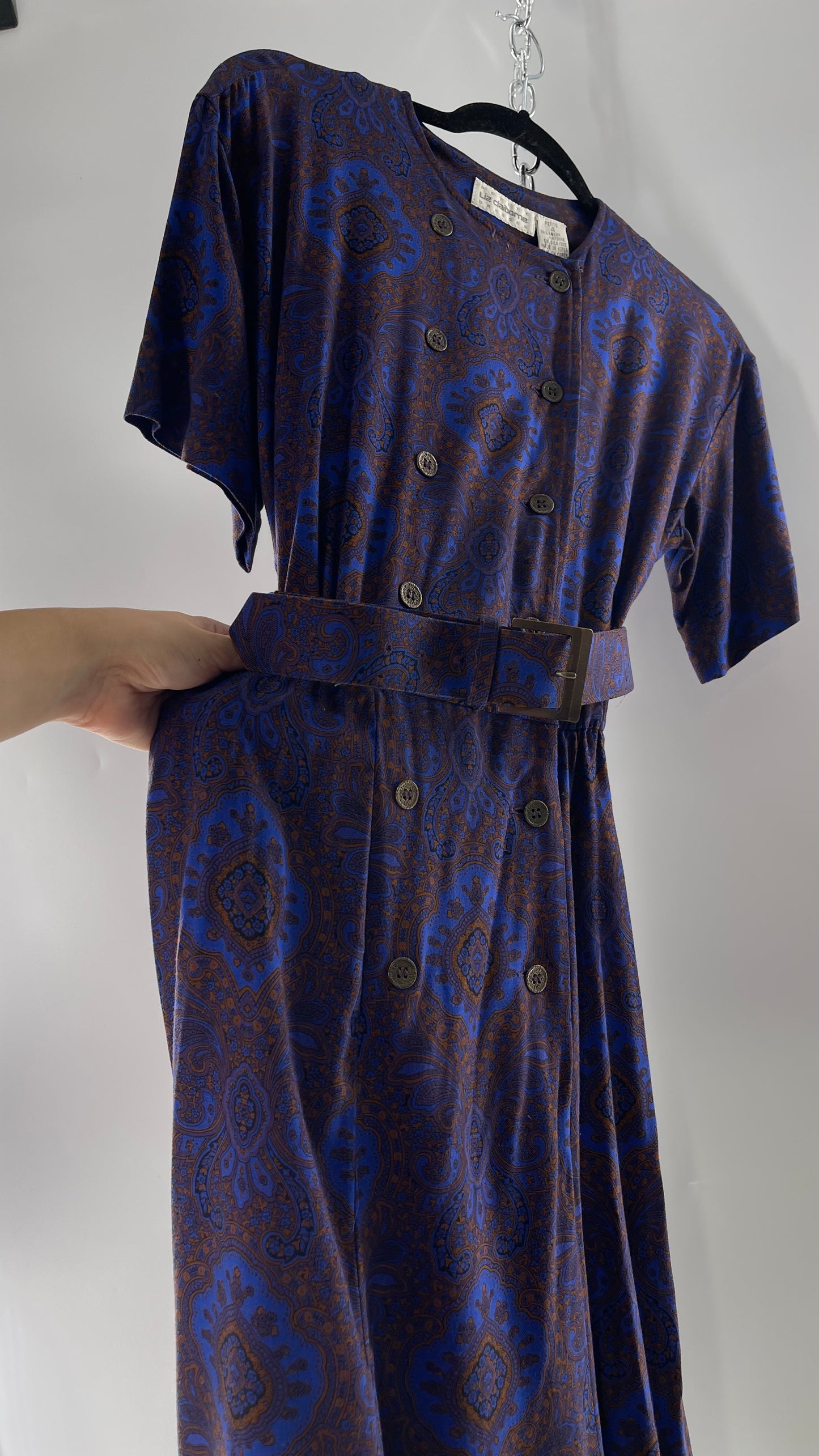 Vintage Liz Claiborne Cobalt Blue and Mustard Paisley Patterned 60s Style Dress(4)