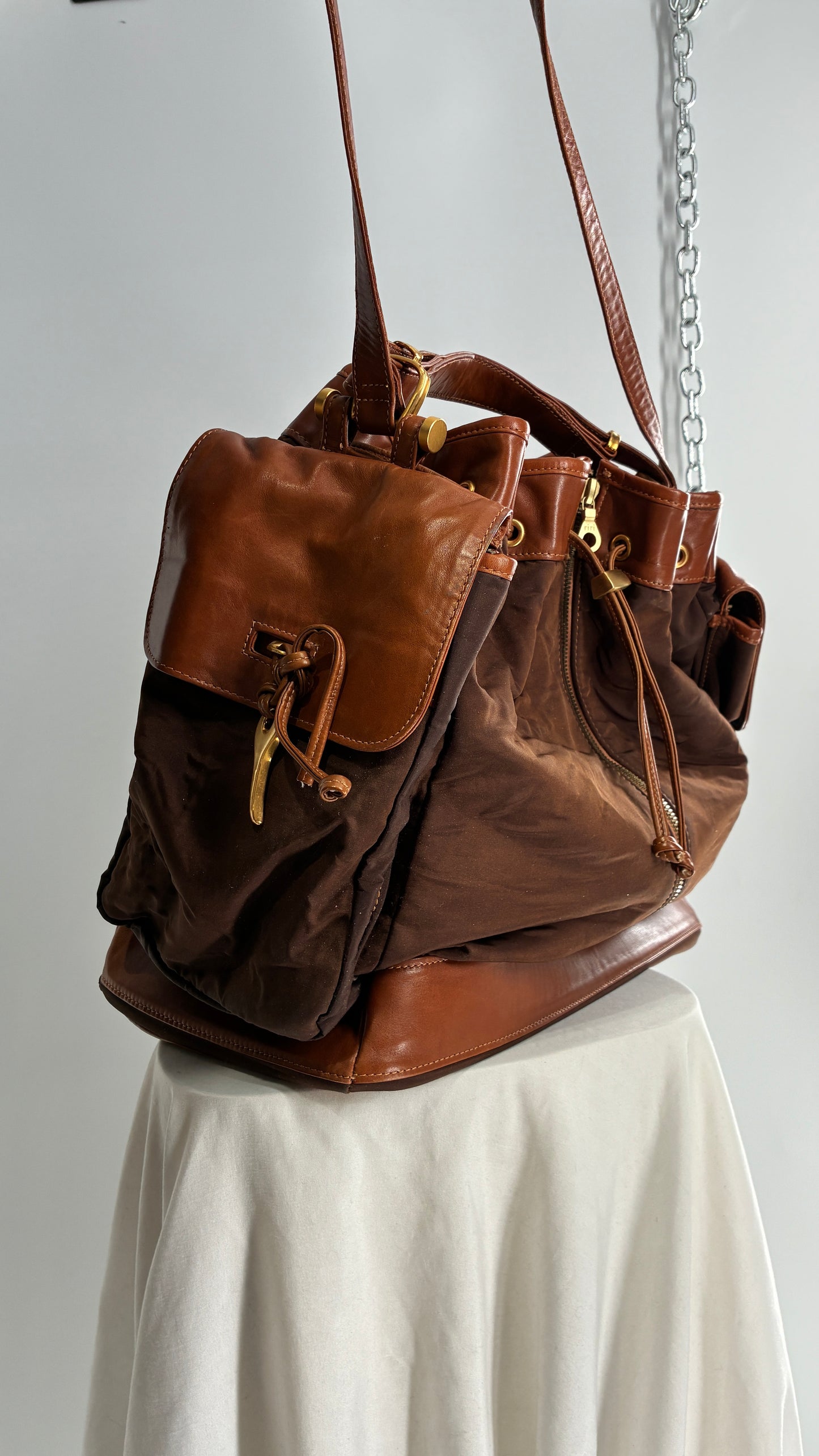 Vintage DONNA KARAN DKNY Oversized XL Brown Zip Front Bag with Leather Details