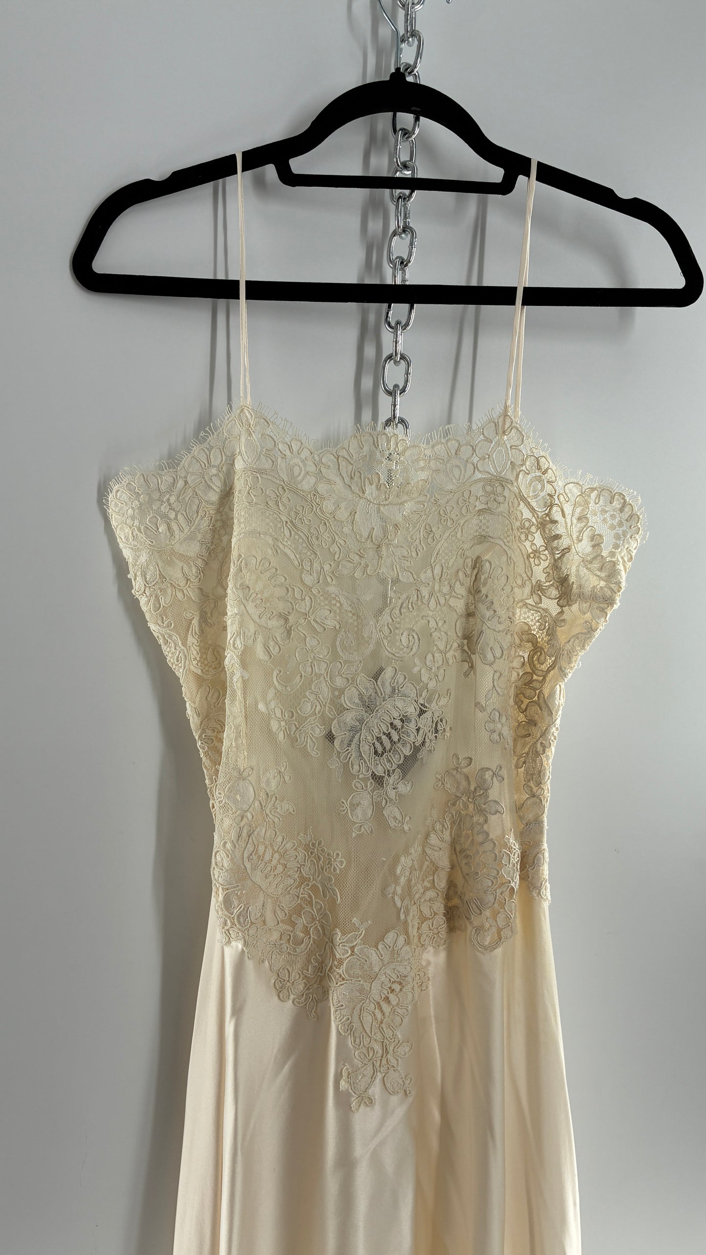 Vintage JONQUIL 100% Silk Gown with Heavy Lace Appliqués and Low Cut Sheer Back (Medium)