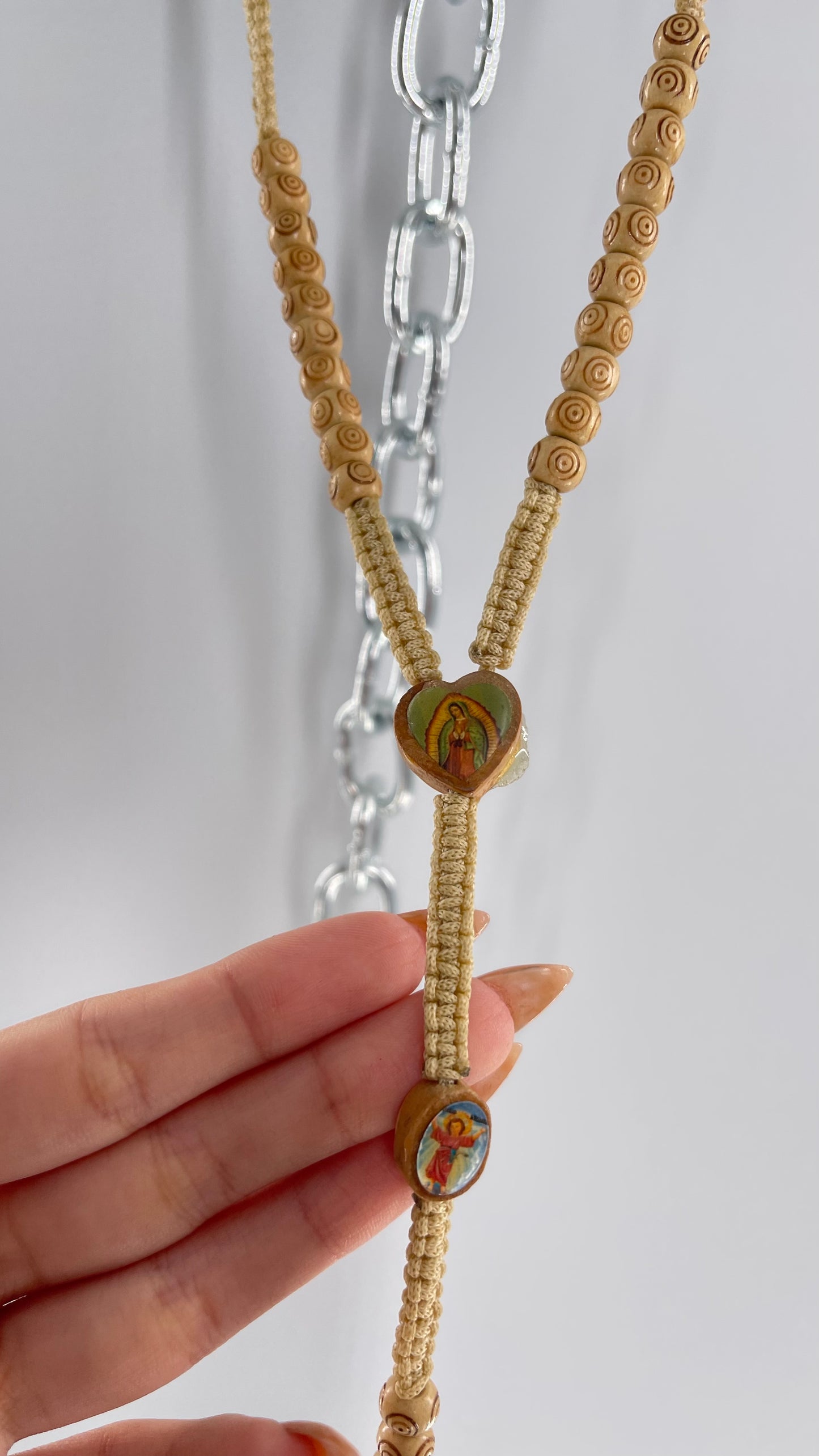 Vintage Beige Toned Rope Rosary Necklace Prayer Beads