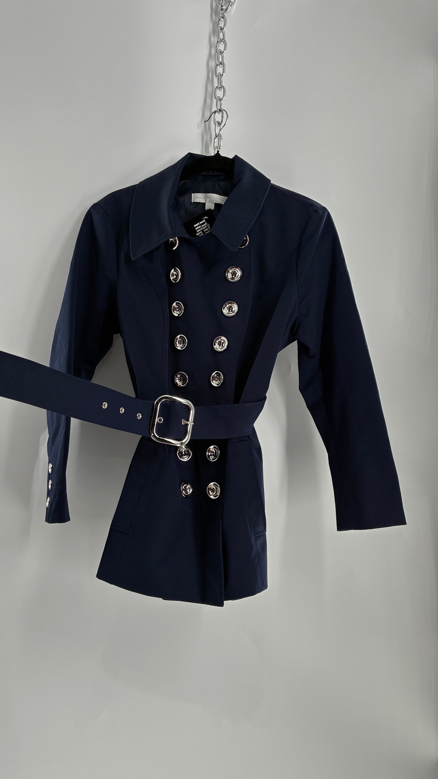New York & Company Deep Navy Coat with Double Breasted Silver Buttons and Oversized Silver Buckle (Large)