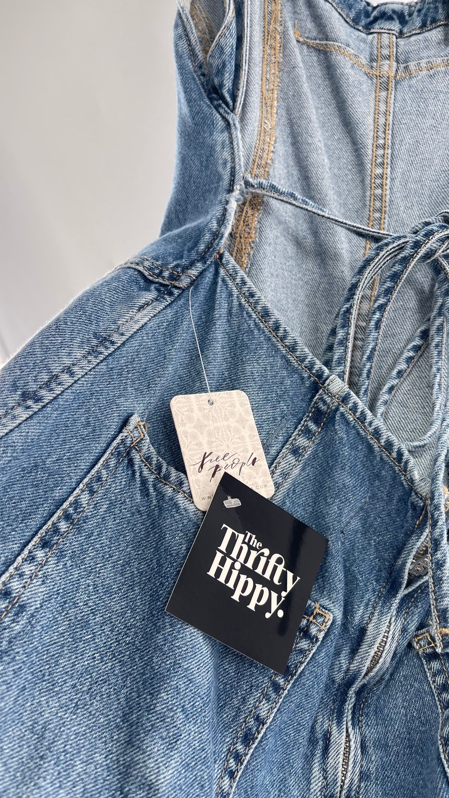 Free People Denim Backless Wide Leg Jumpsuit with Tags Attached (Small)