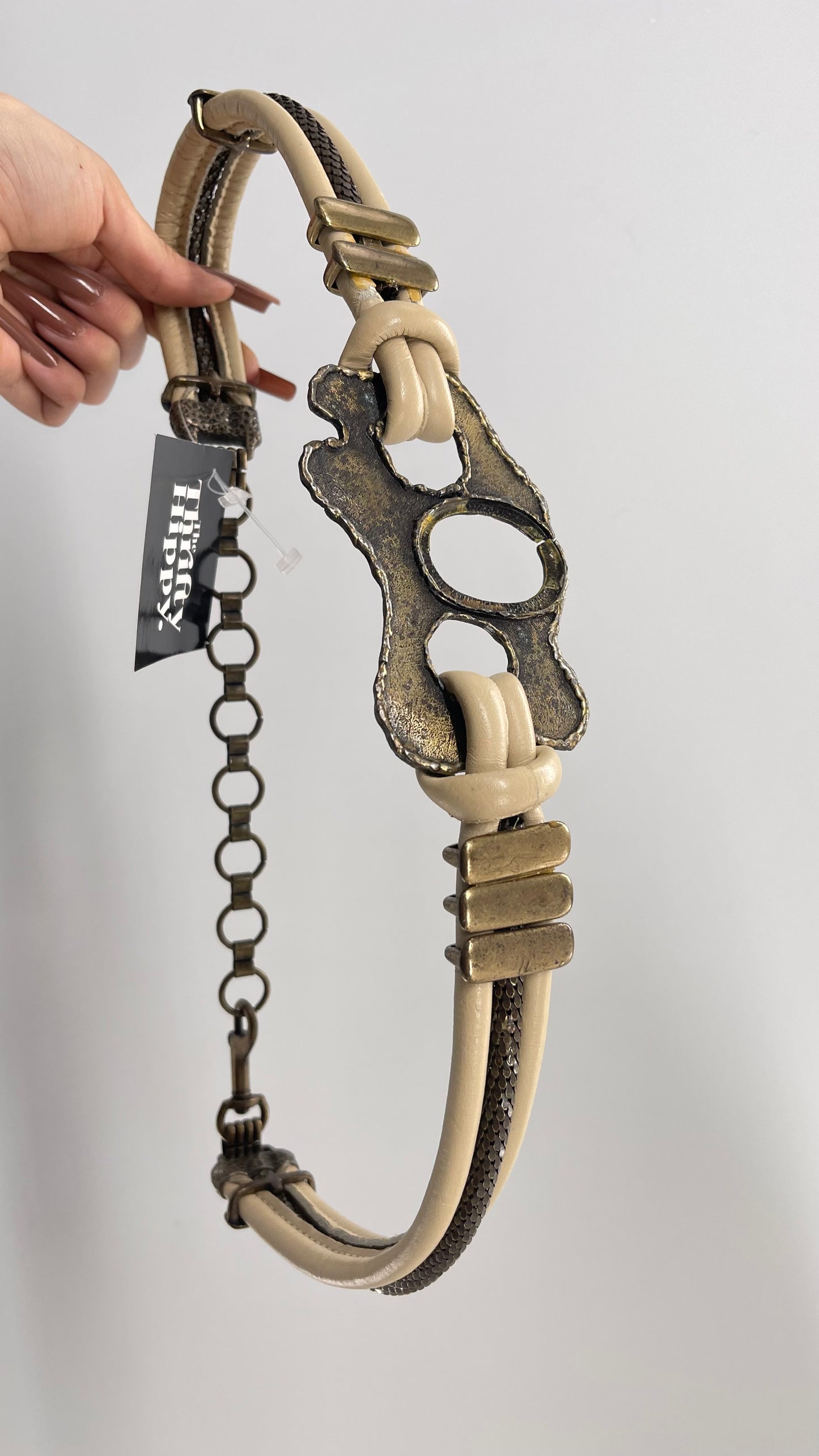Vintage Abstract Cream Leather, Bronze Metal, Dragon Scale Metal Belt (C)