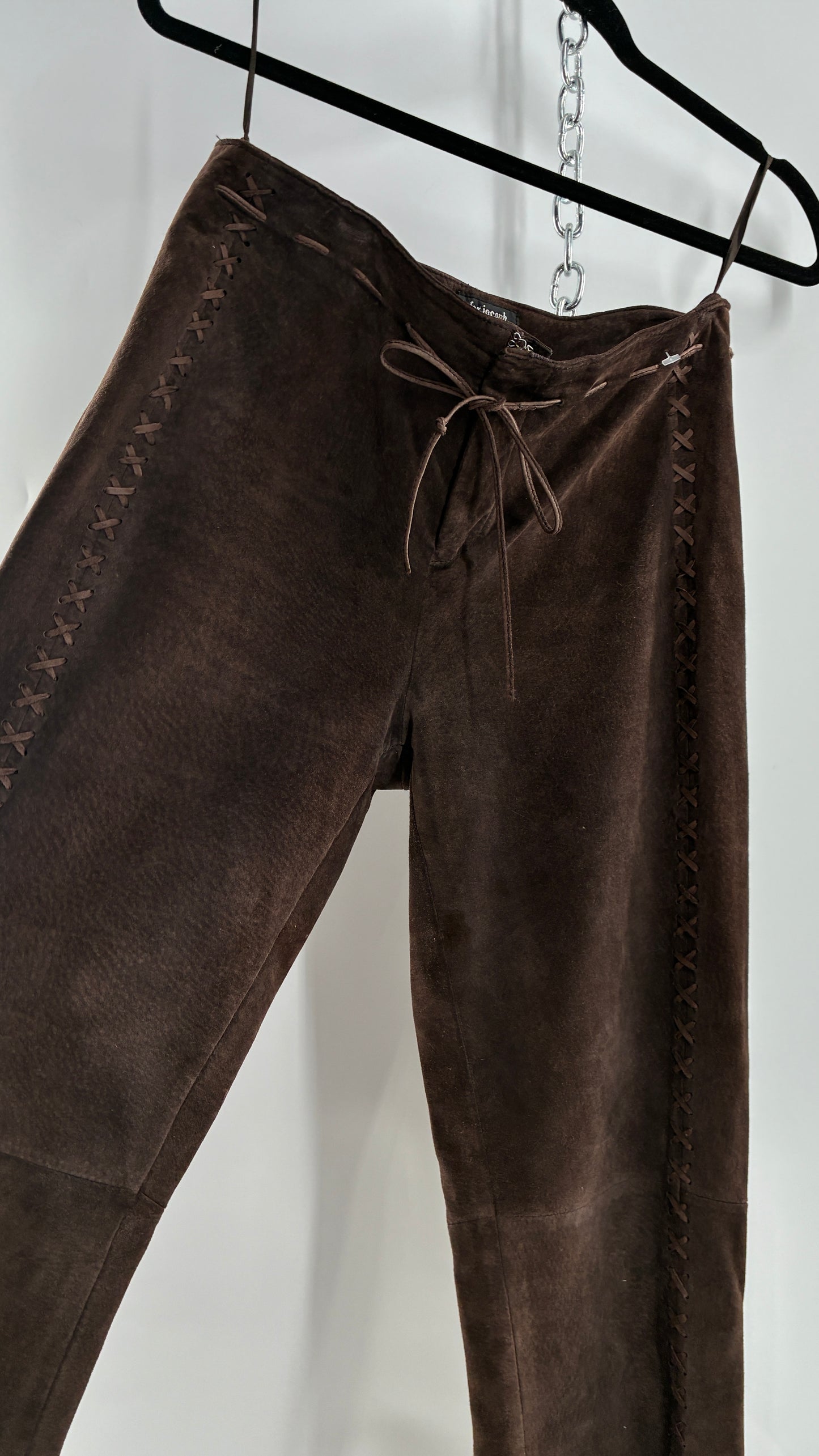 Vintage FOR JOSEPH Low Rise, Chocolate Brown Suede Pants with Leather Stitch Sides and Bow Closure (28)
