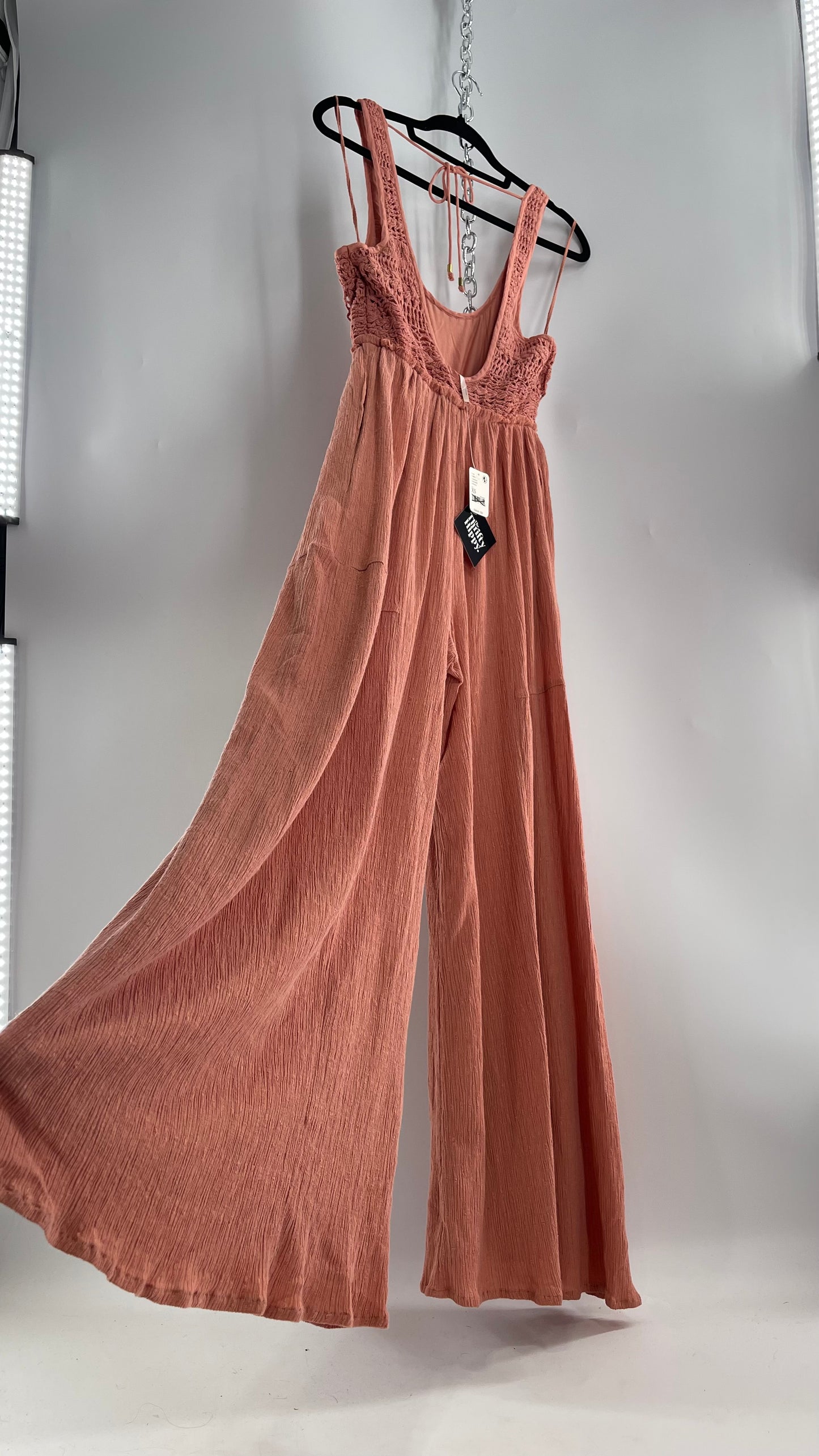 Free People Rose/Peach Pink Wide Leg Jumpsuit with Crochet Bust and Tags Attached (XS)