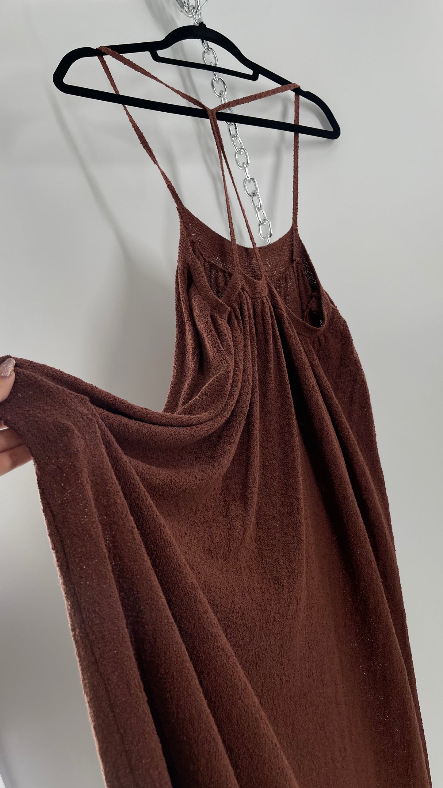 Free People Slinky Textured Brown Knit Full Length Dress (Small)