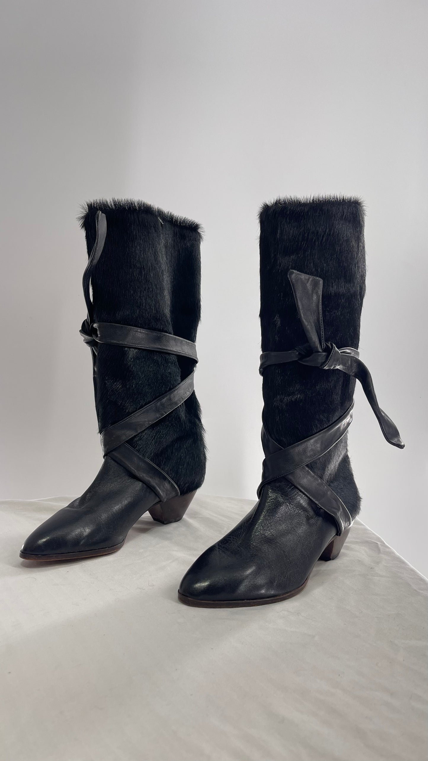 Vintage Nickels Black Italian Fur Boot with Leather Straps (7)