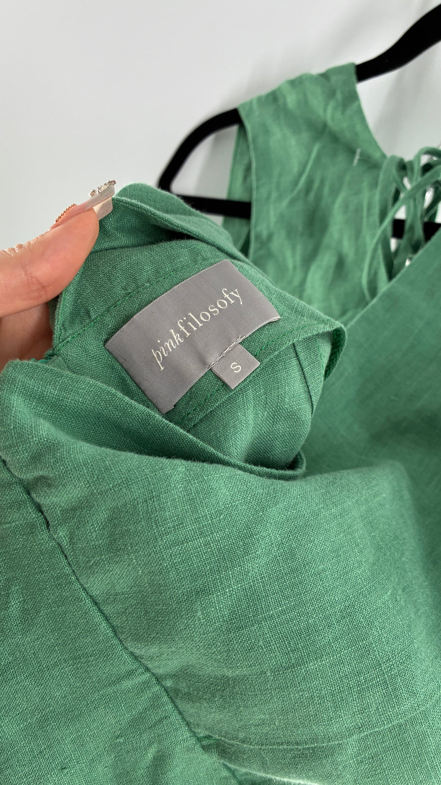 Pink Filosofy Masaru 100% Lino/Linen Green Tie Side Dress (Small)