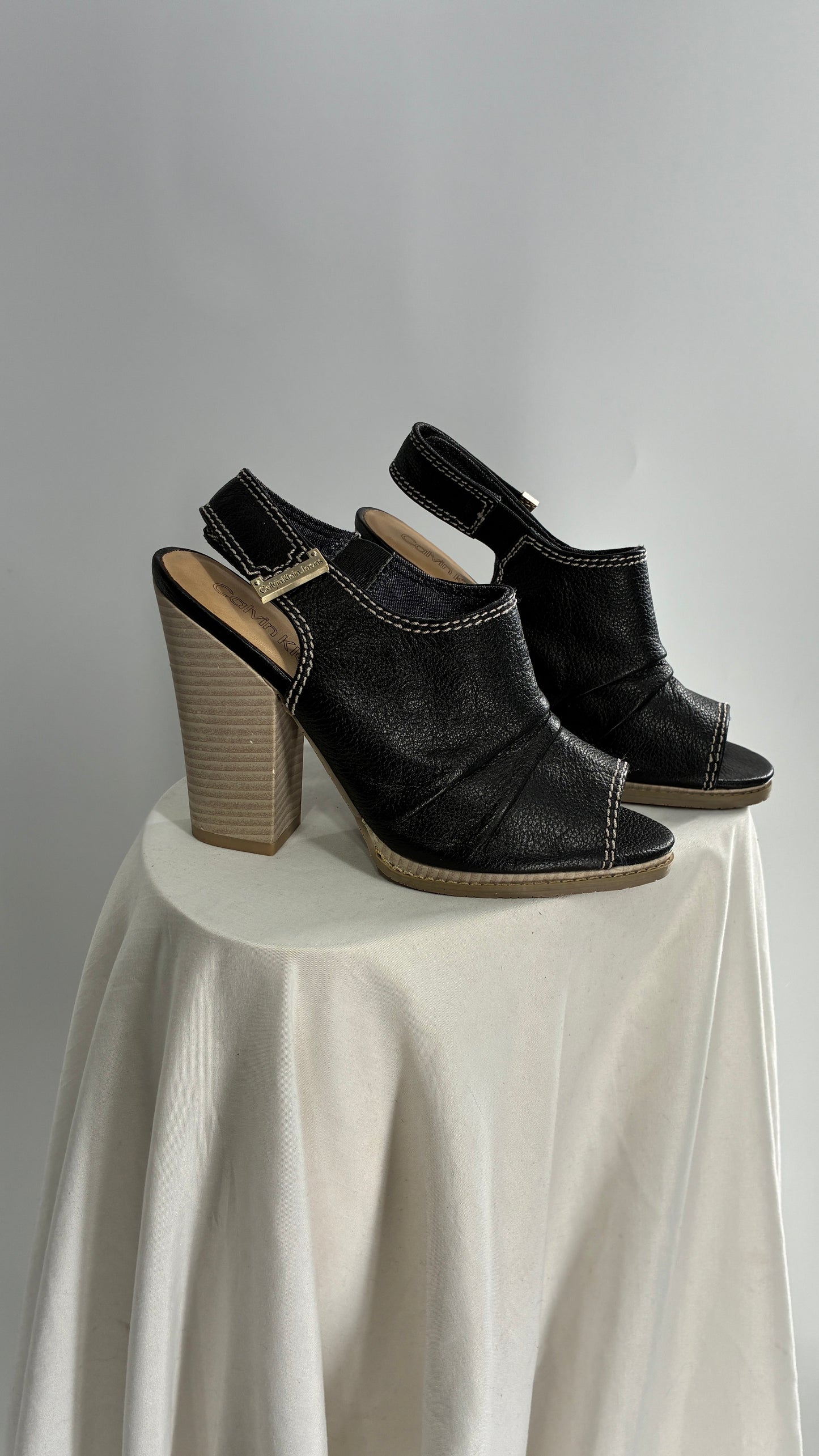 Calvin Klein Peep Toe, Ruched Black Leather Block Heel Slingbacks (7.5)