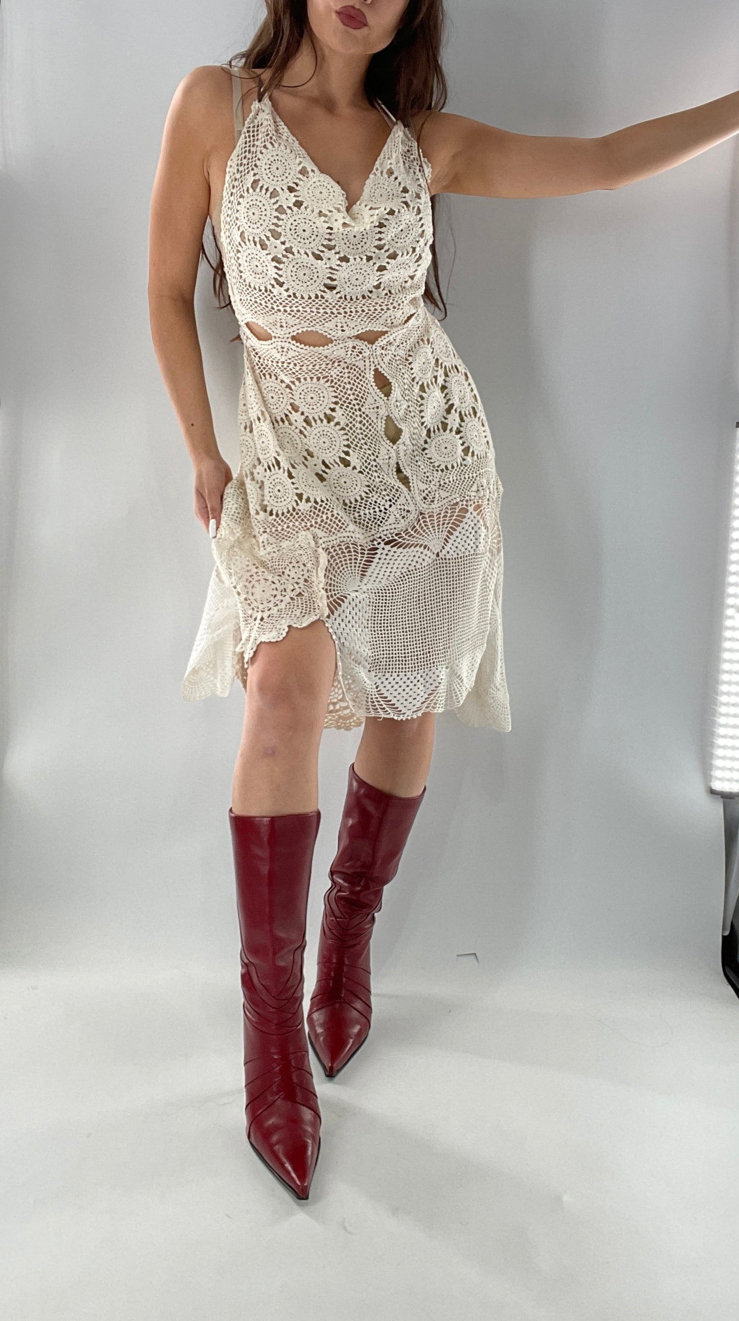 Vintage Handmade Crochet Cottage Adjustable Dress with Open, Low Back (One Size)
