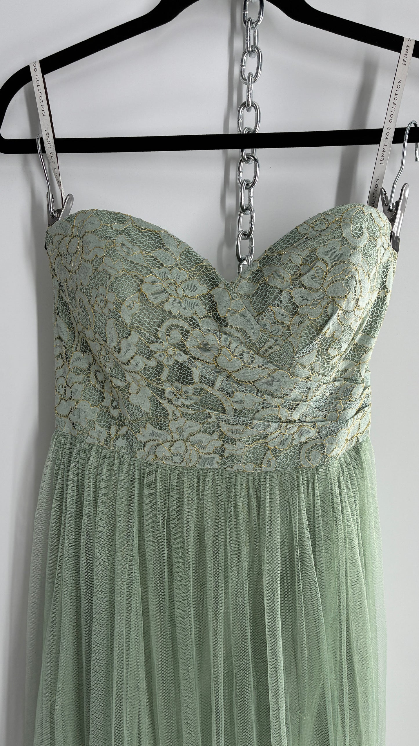 Jenny Yoo Seafoam Green Tulle Full Length Dress with Lace Corset Bodice (8)