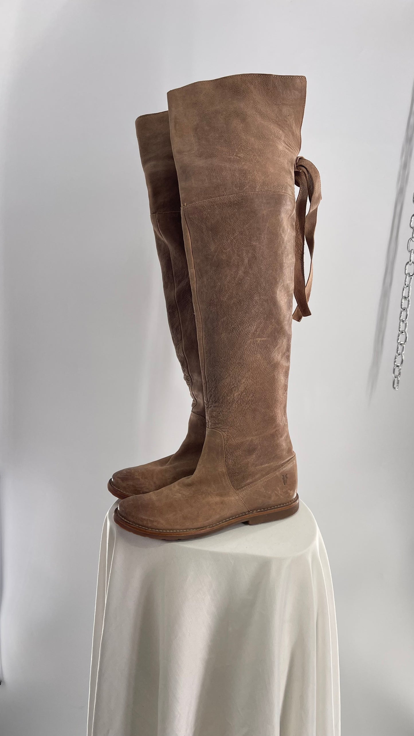 Frye Taupe Leather Over the Knee Fold Over Celia Boots (8)