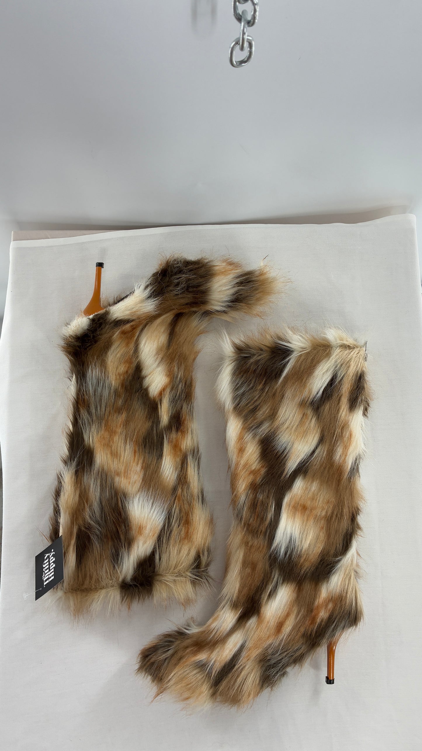 Vintage Mixed Tone Vegan Fur, Knee High, Pointed Toe Boots (43)