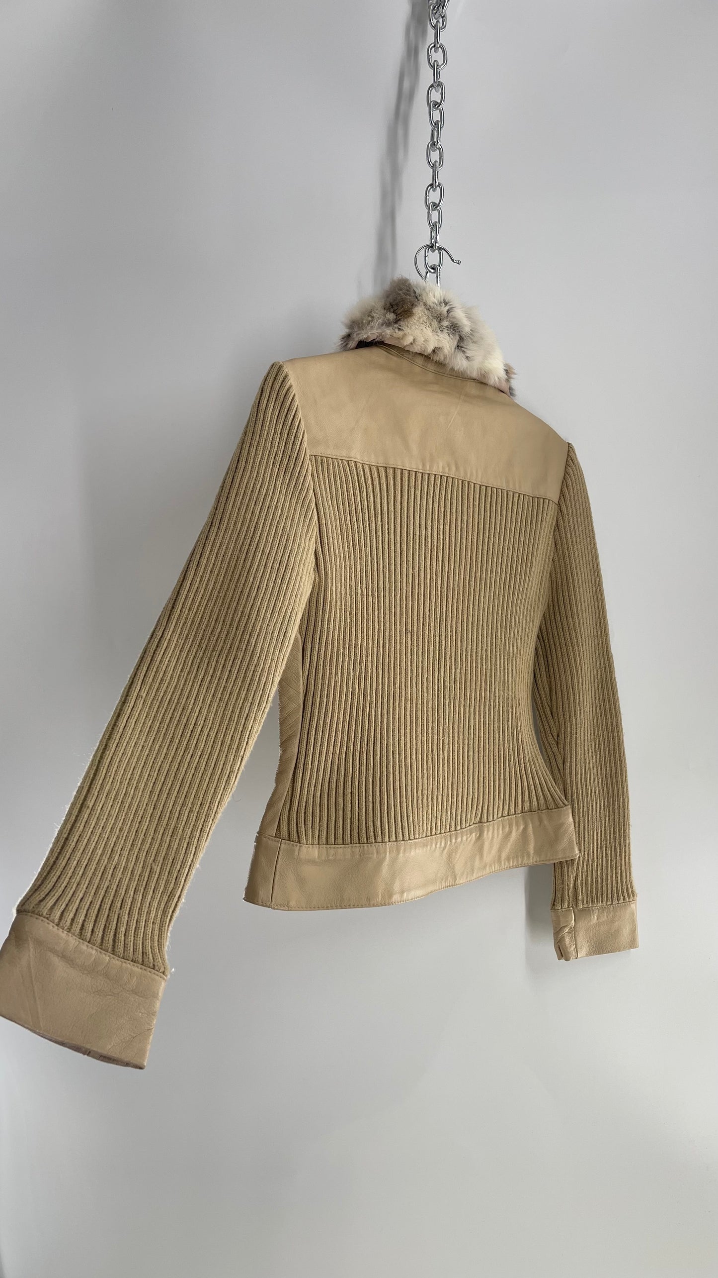 Jennyfer J 1990s Beige Rabbit Fur Sweater Jacket with Ribbed Knit Sleeves (Medium)
