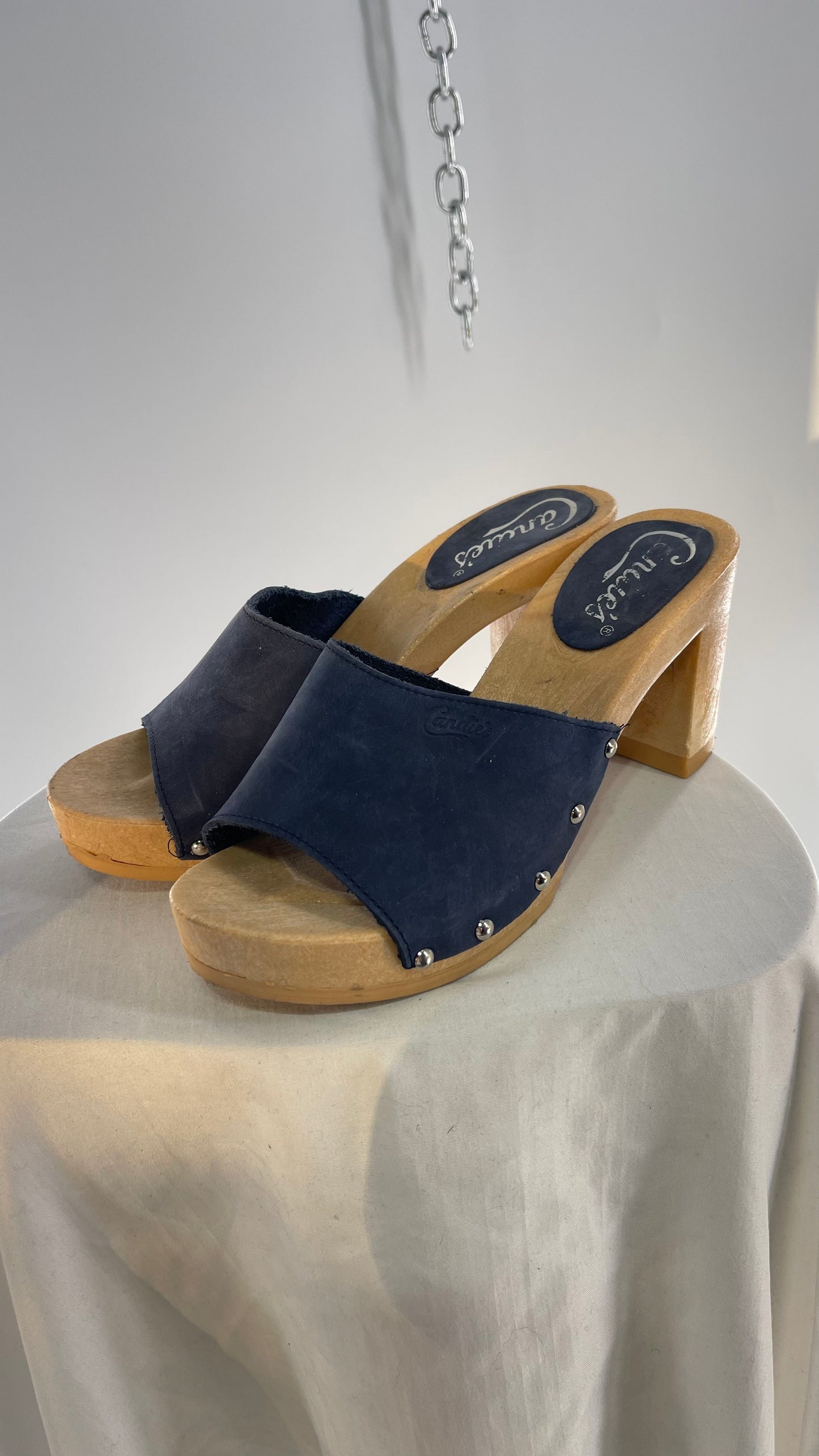 Vintage Candies 1980s Navy Blue HOT Side Studded High Heel Slides (8)