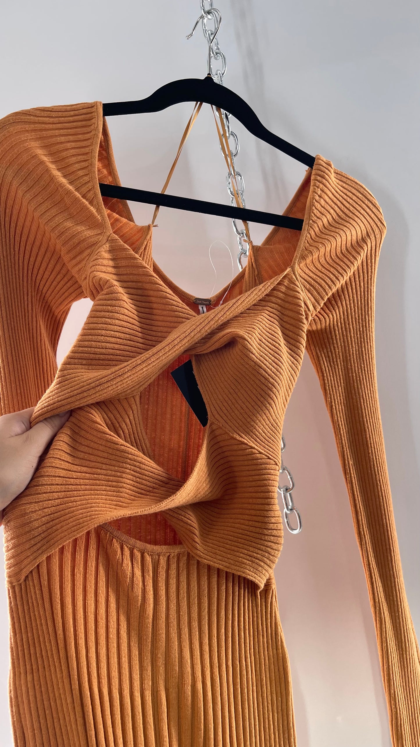 Free People Orange Knit Maxi Dress with Bandage Bust and Exposed Cut Out Midriff (Medium)