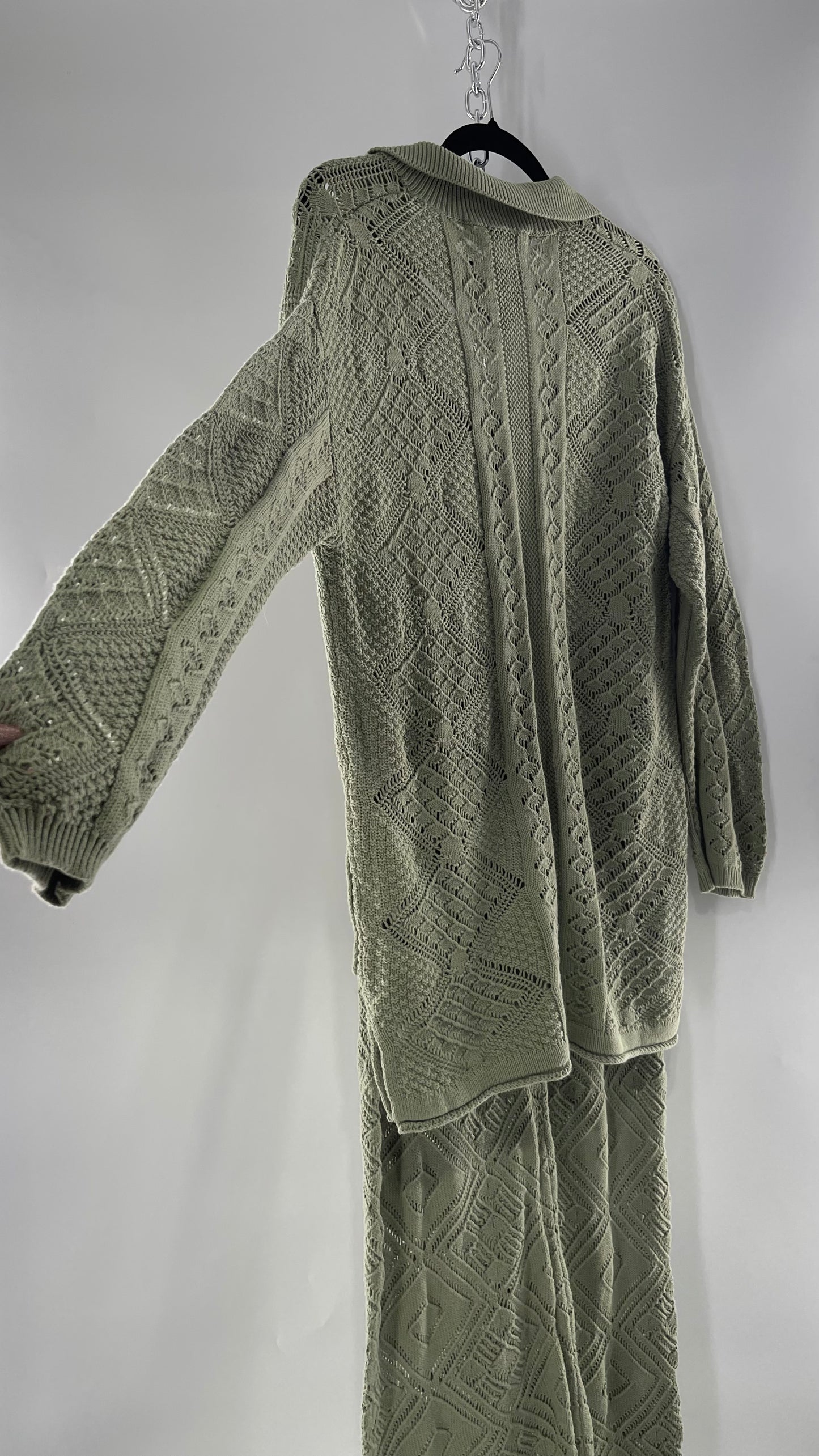 Free People Beach Sage Green Crochet Wooden Button Front Cardigan and Wide Leg Set (Medium)