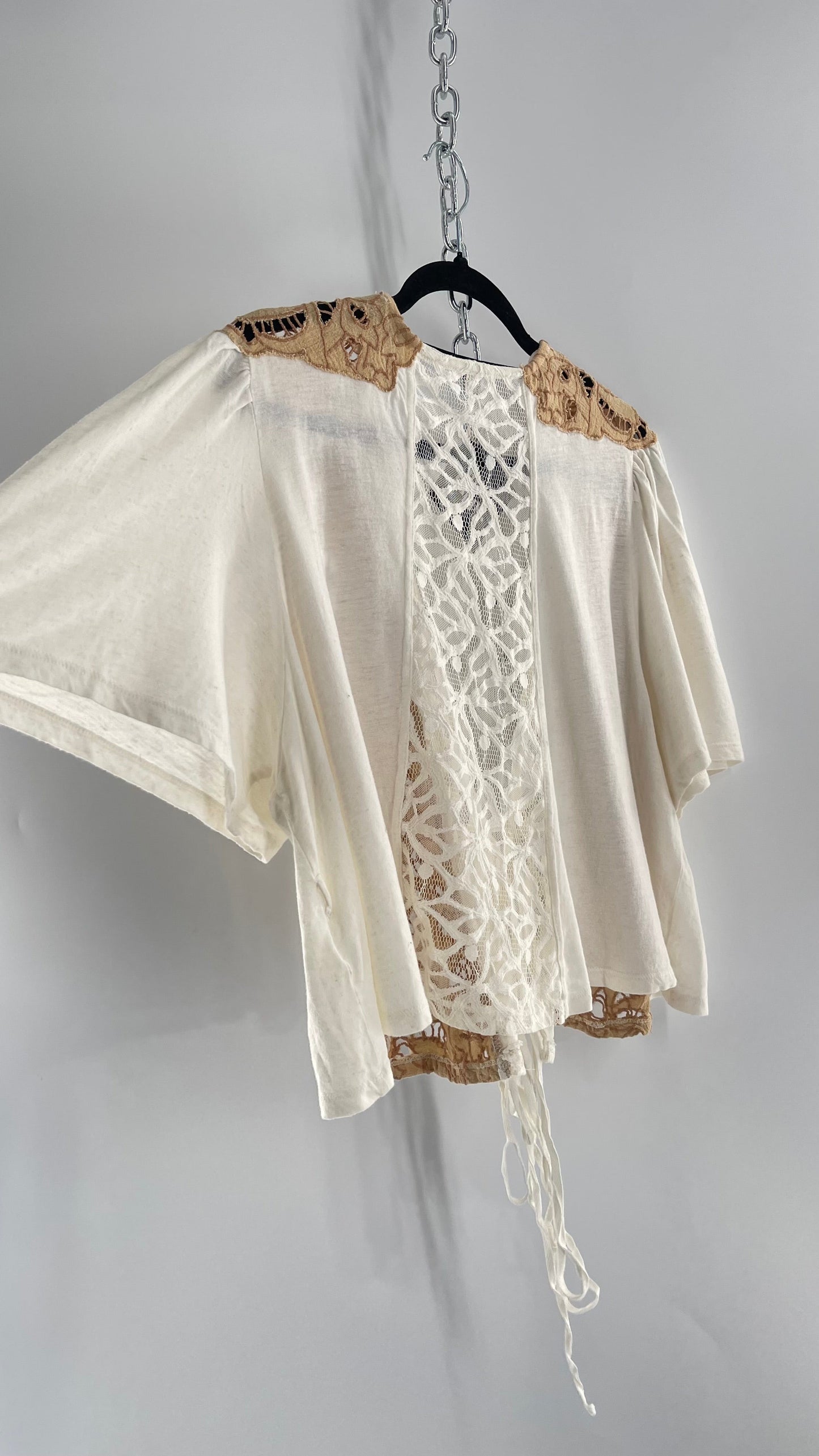 Free People Off White Woven Tie Front/Tie Around Too with Brown Eyelet Lace (Small)