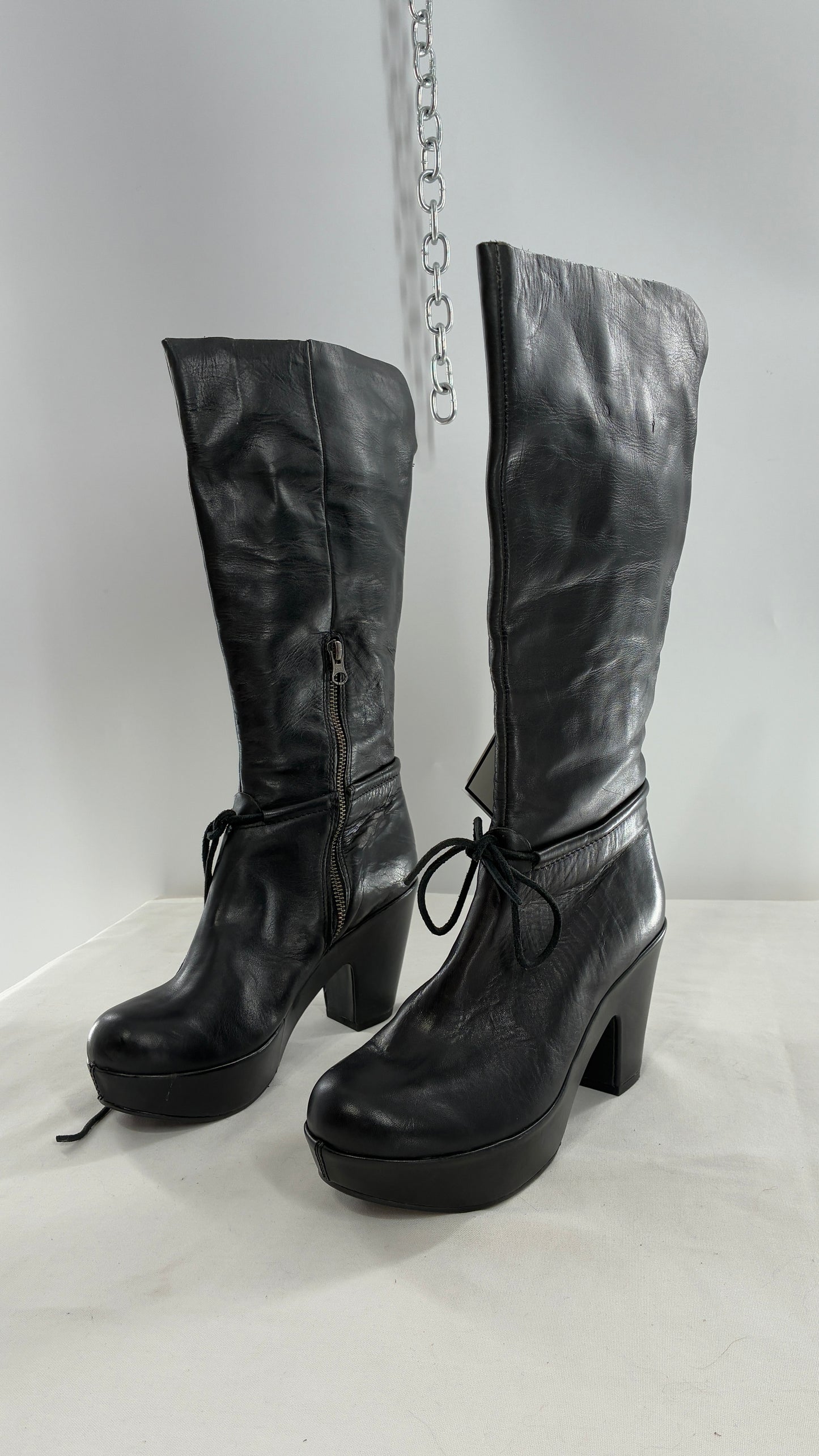 Vintage KORK EASE Black Genuine Leather Platform Clog, Knee High Boots (8/39)