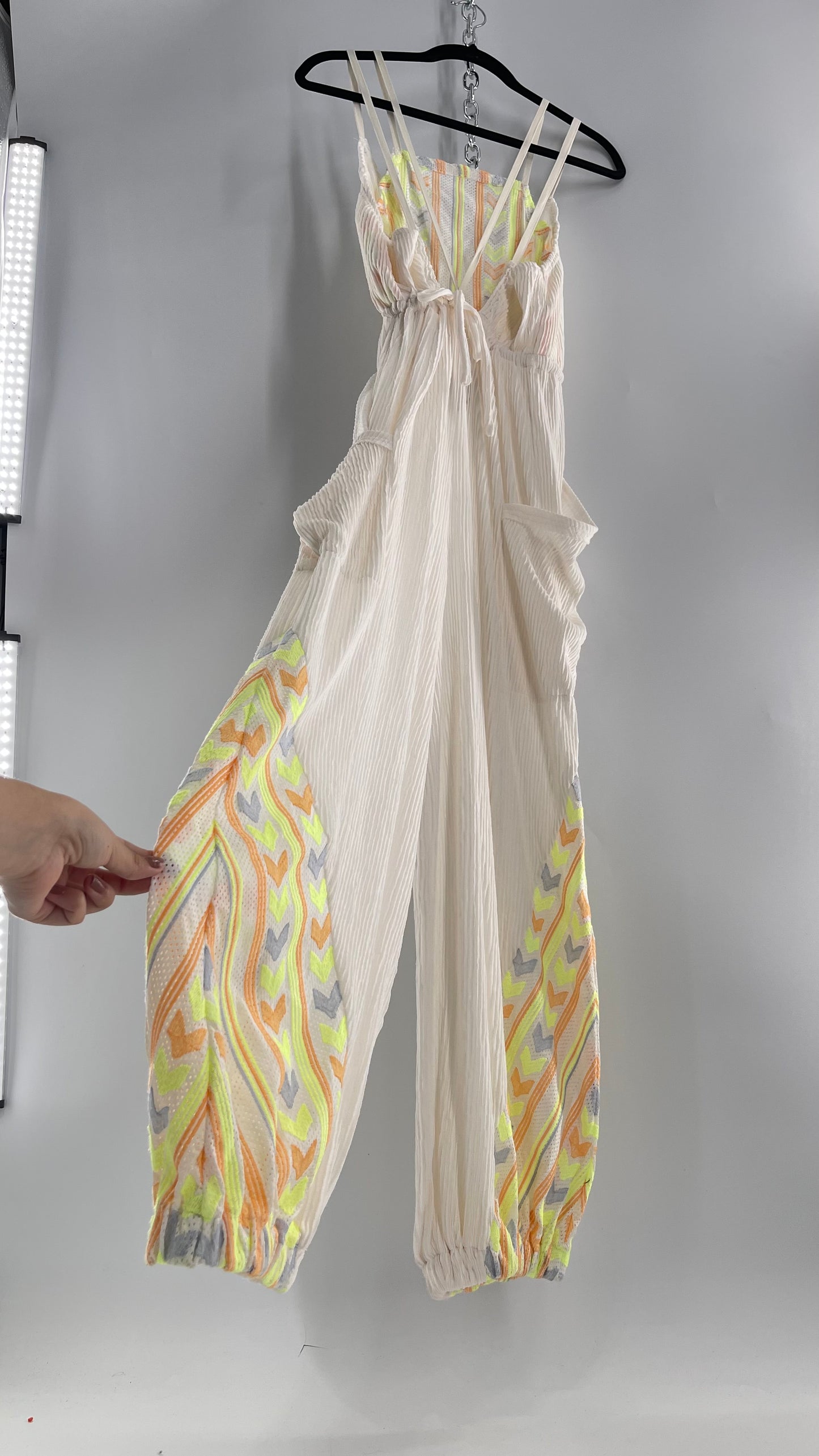 Free People Movement Cream Ribbed Jumpsuit with Yellow/Orange Embroidered Details and Waist Cinching Drawstring (Small)