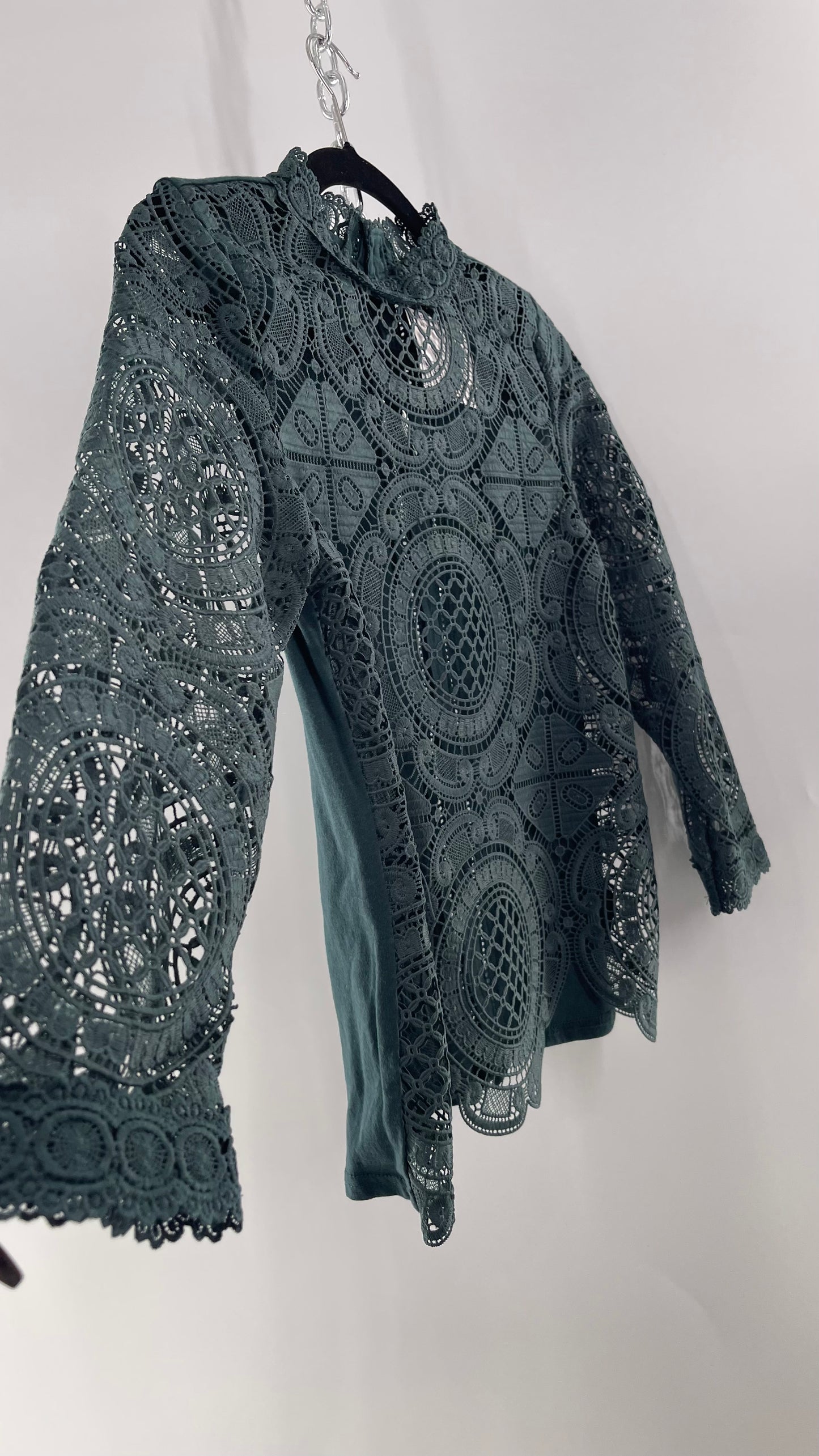 James Coviello New York Thick Lace Forest Green Blouse with Button Down Back (XS)