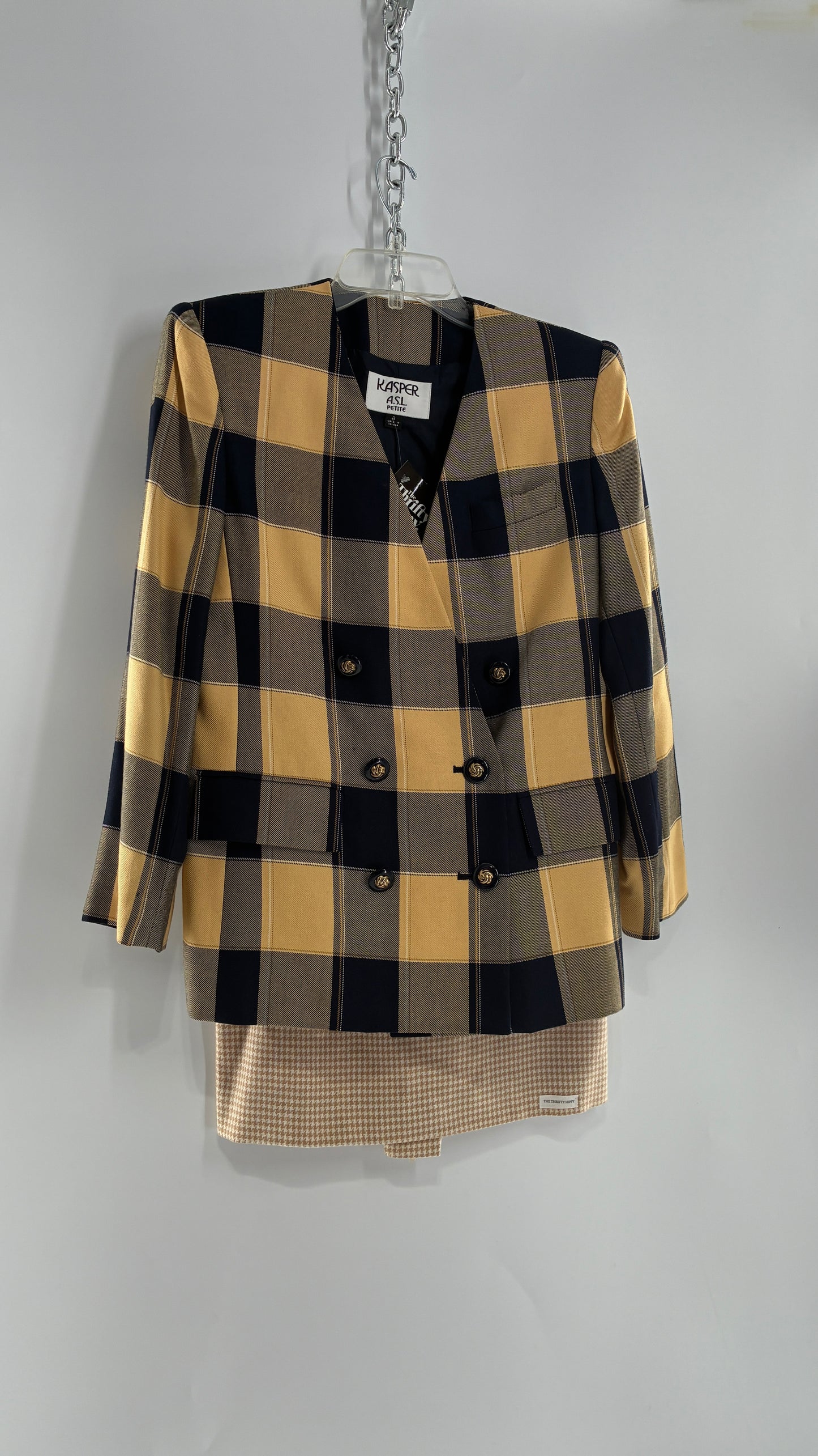 Vintage Suit Set with Yellow Plaid Double Breasted KASPER A.S.L Blazer and Upcycled Wool Mini Skirt (6)