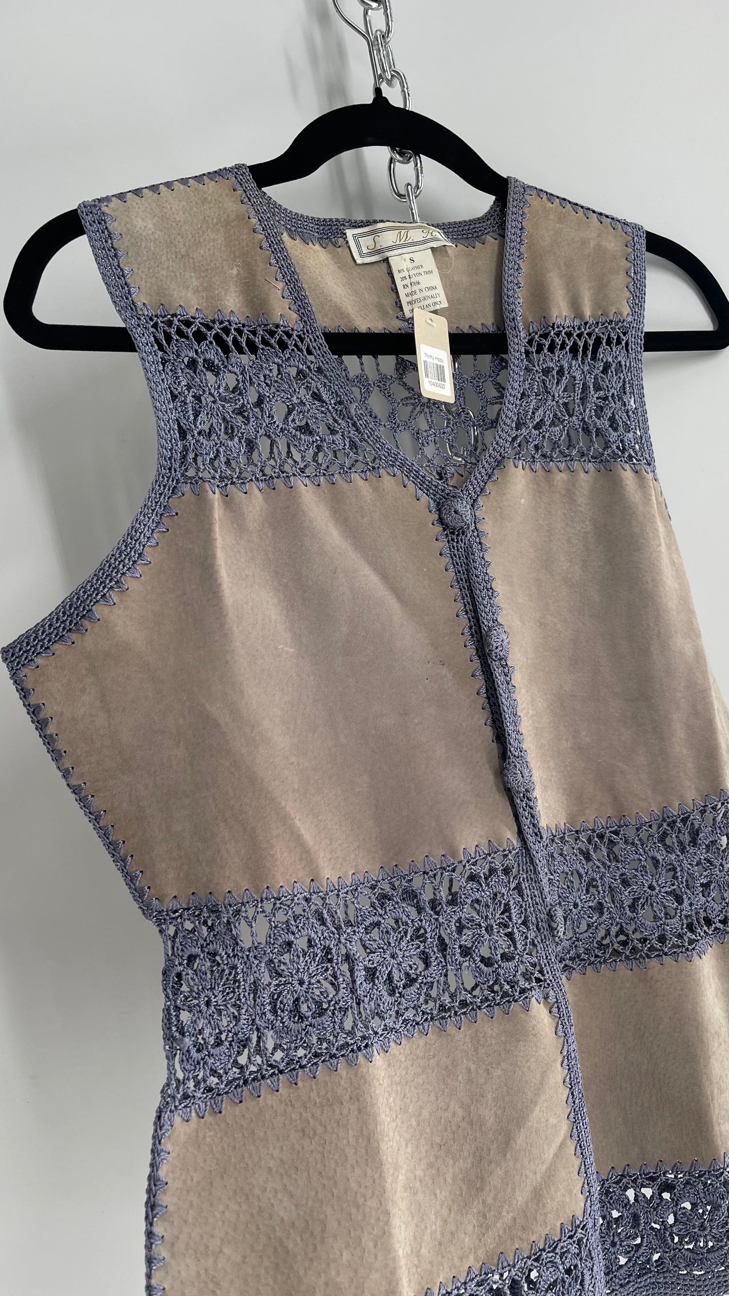 Vintage Grey Suede Leather and Blue Crochet Vest Top (Small)