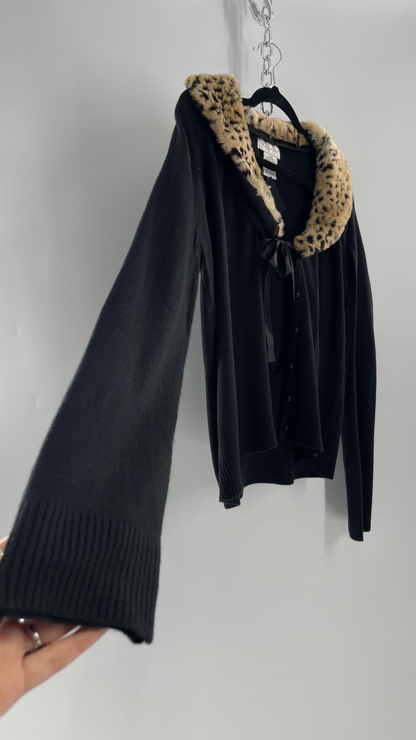 Vintage Cheetah Fur Trim Collar Cardigan (Large)