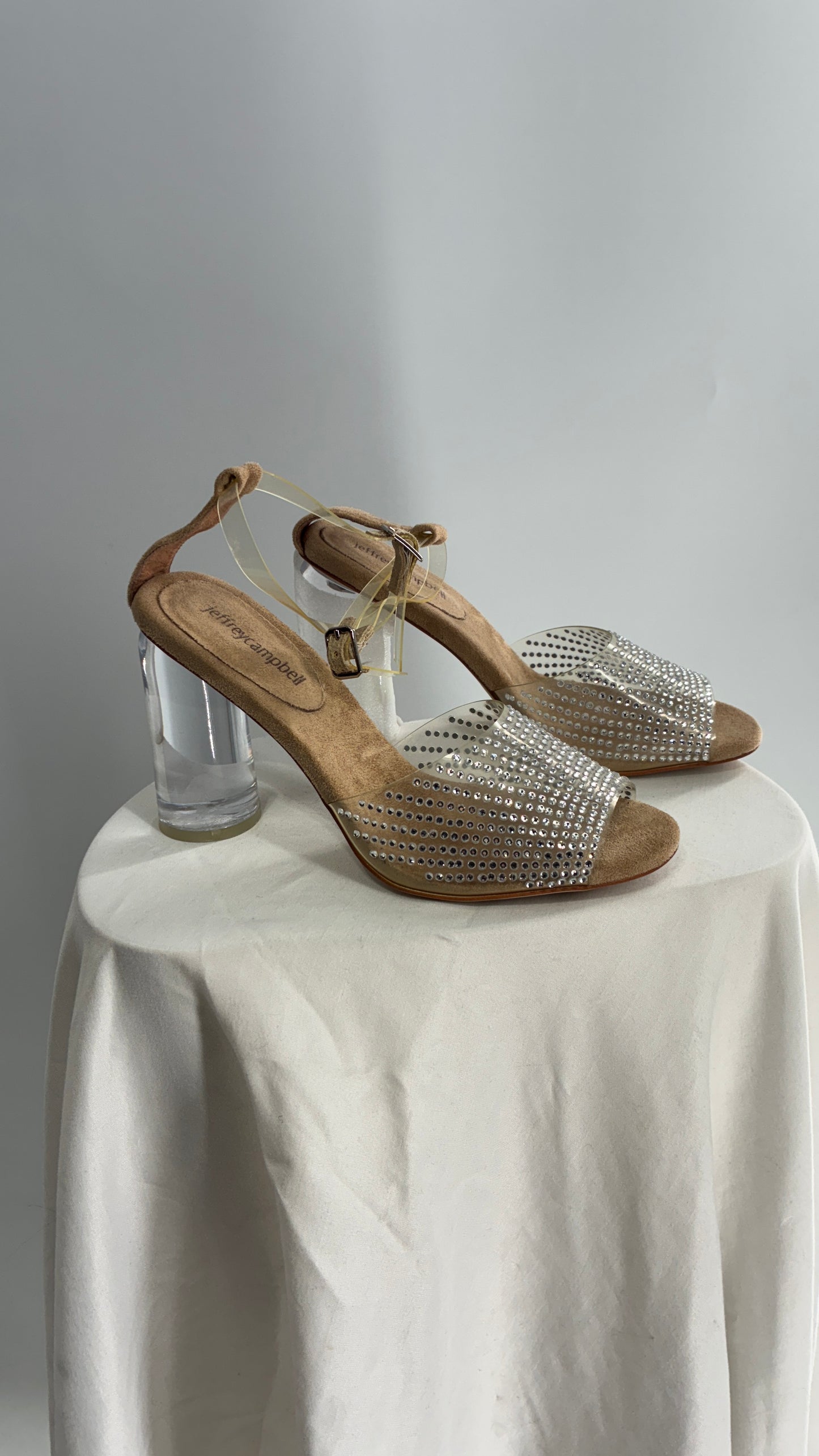 JEFFREY CAMPBELL Lucite Heel Suede Sole, Clear Strap Rhinestone Heel (8)