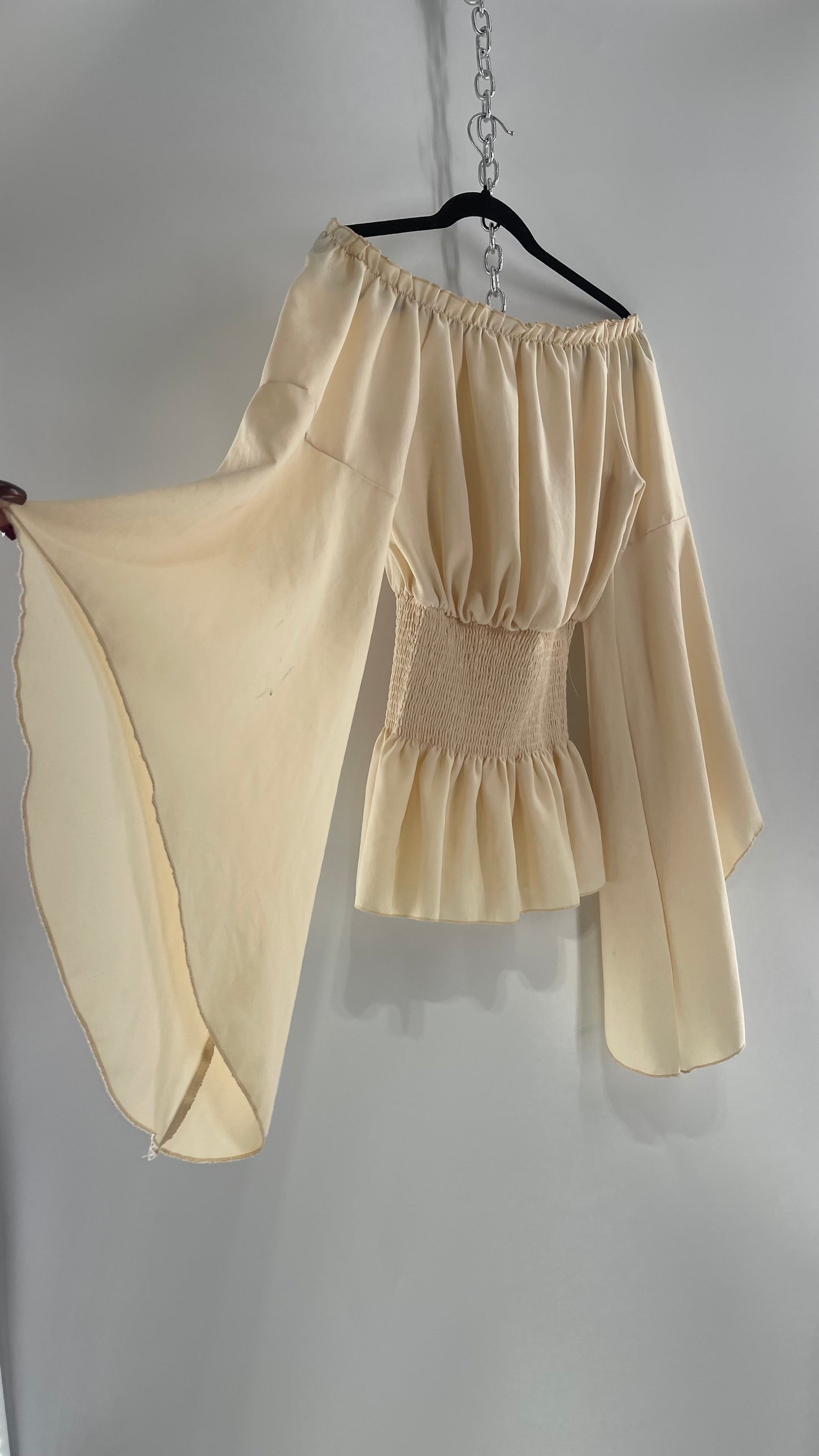 Vintage Off White Smocked Waist Bell Sleeve Wanderlust Blouse(S/M)