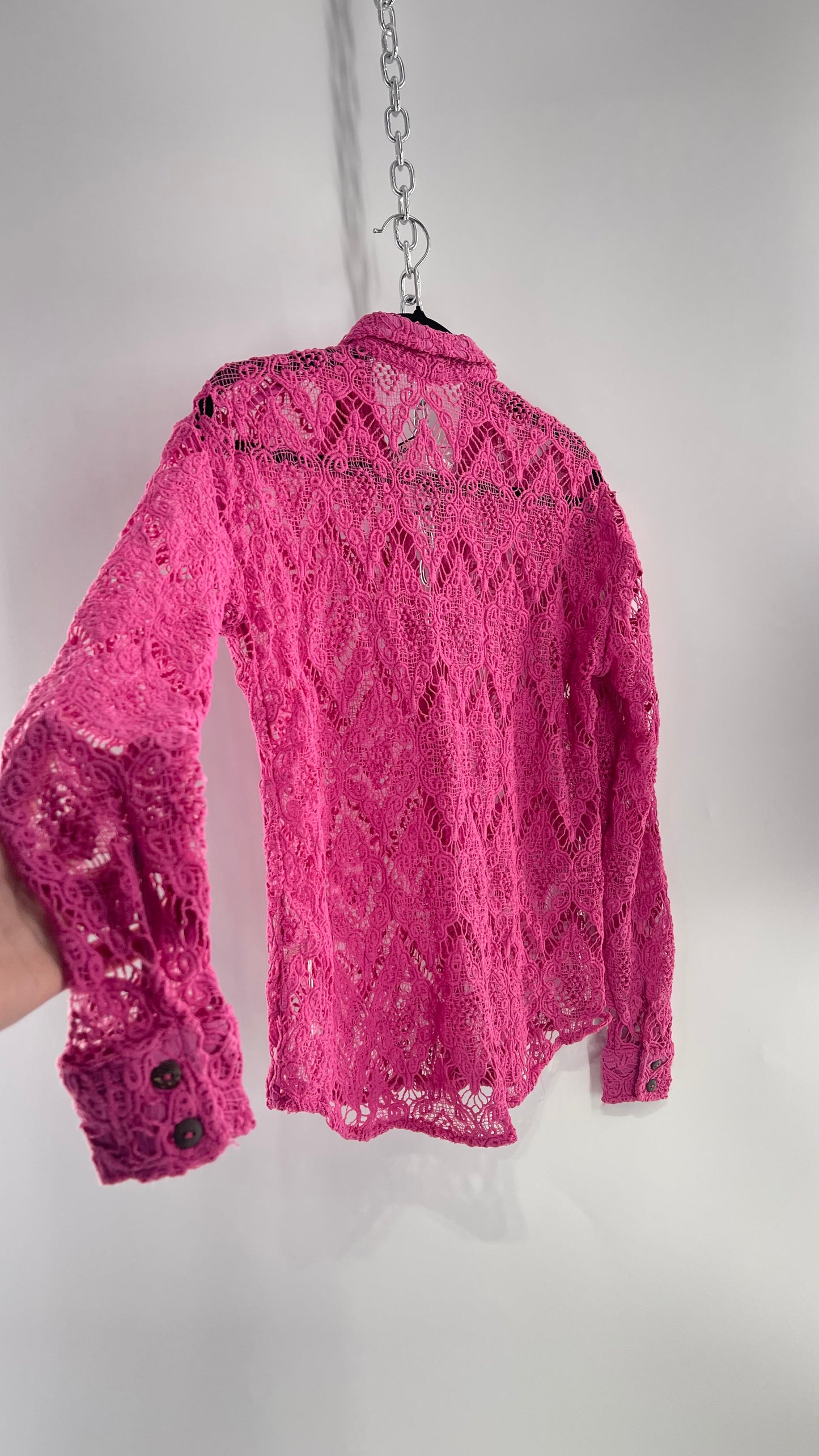 Free People Until Sunday Fuchsia Purple/ Pink Thick Lace Button Front Blouse with Coconut Buttons (XS)