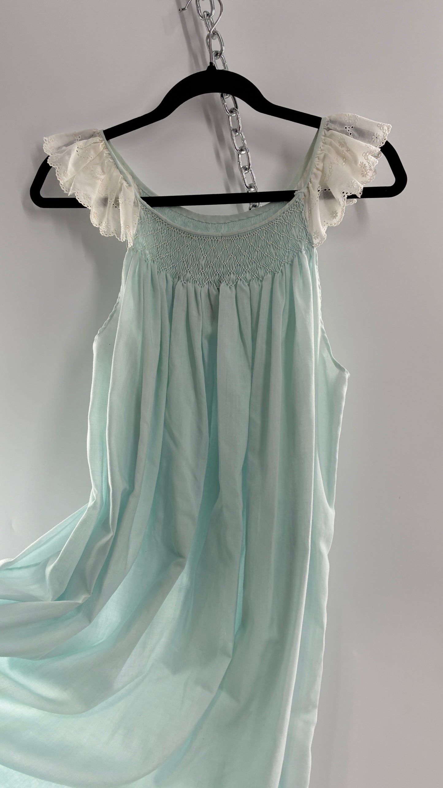 Vintage Baby Blue Nightgown Maxi with White Scalloped Lace Straps and Hem (Medium)