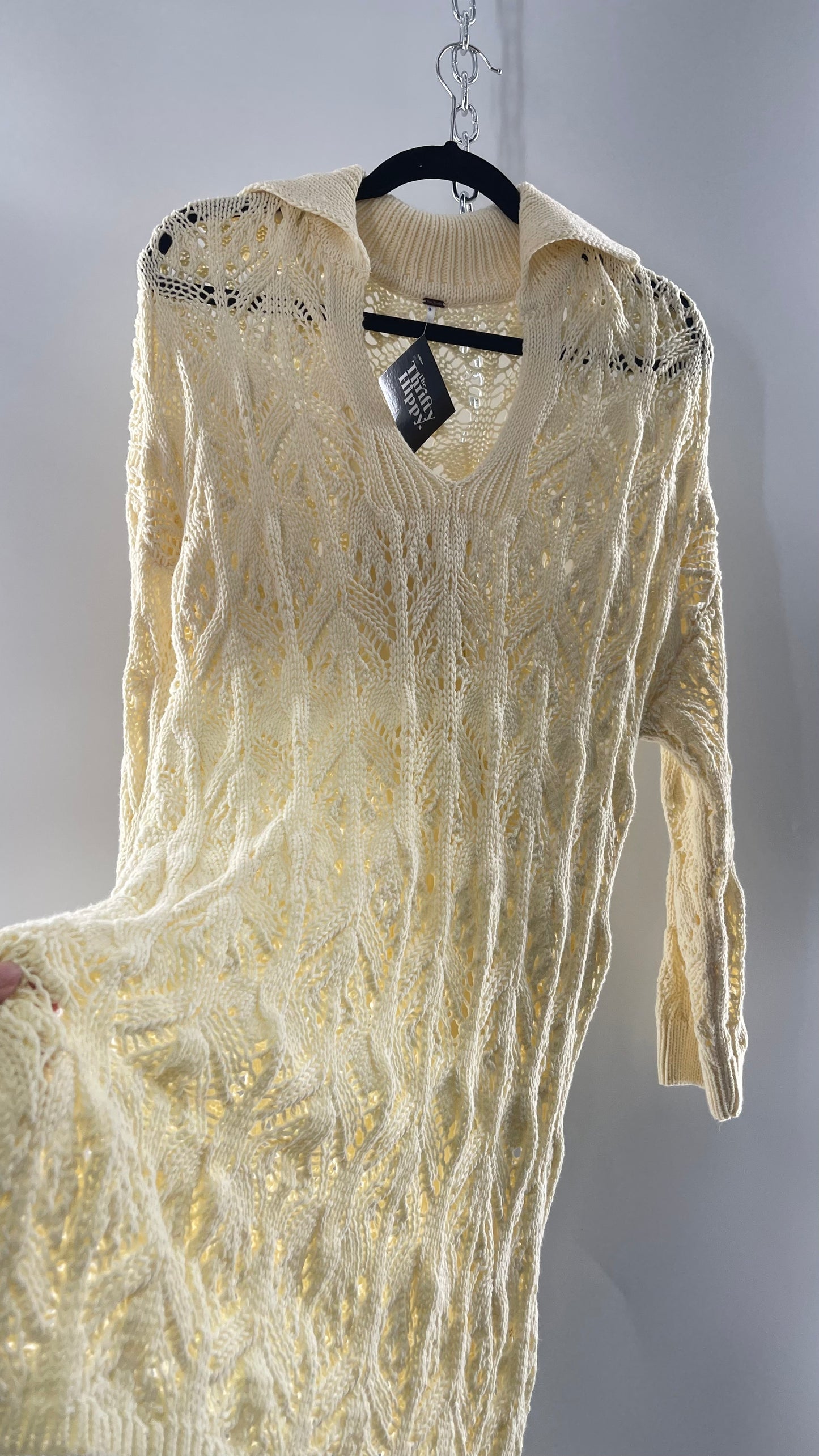 Free People Baby Yellow Comfy n Cozy Open Stitch Knit Sweater Dress (XS)