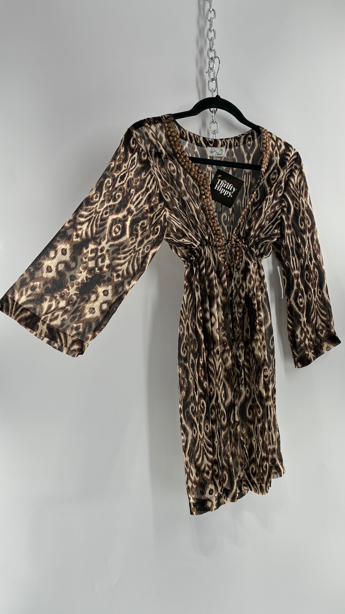 Deadstock Vintage BALI CLUB Animal Print Sheer Mini Dress Blouse with Underbust Cinching and Bronze Studs (Small)