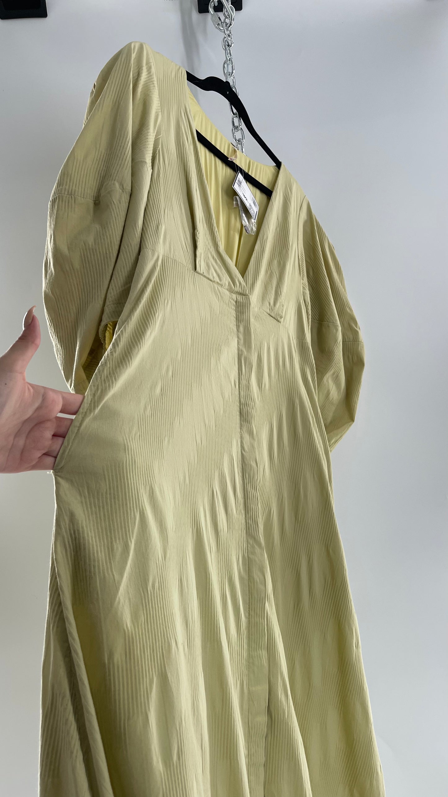 Free People Sage Green Textured Hidden Wooden Button Front Maxi with Back Pleating (Small)