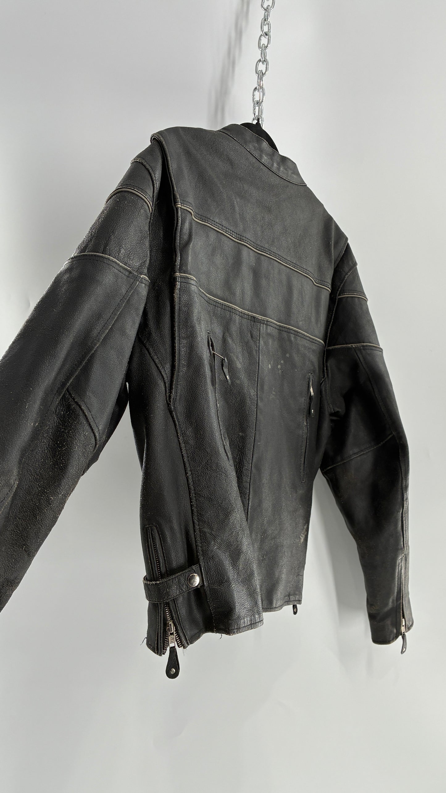 Vintage Distressed Genuine Leather Motorcycle Jacket with Zippered Pockets, Cuffs, and Sides (Large)