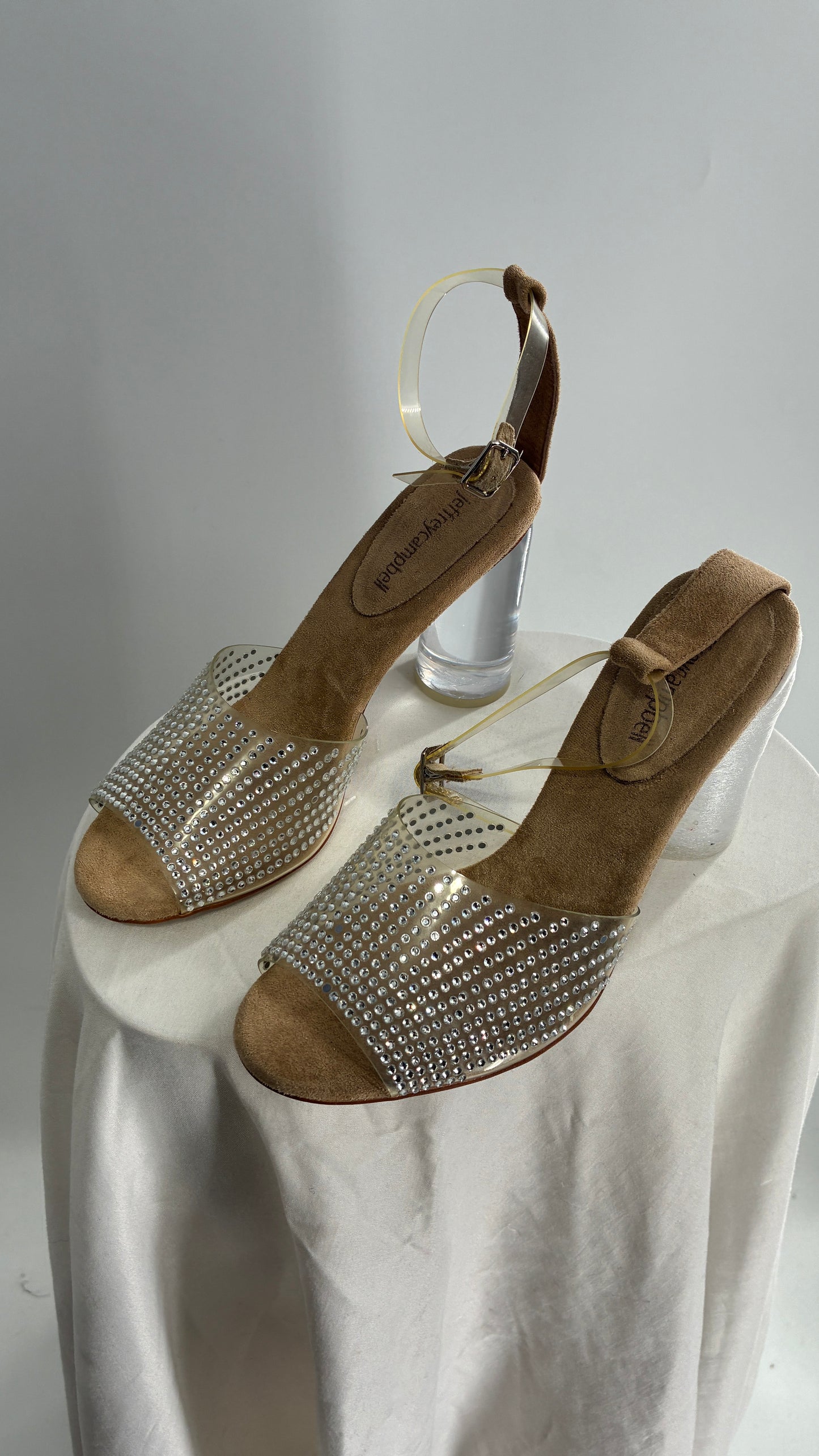 JEFFREY CAMPBELL Lucite Heel Suede Sole, Clear Strap Rhinestone Heel (8)
