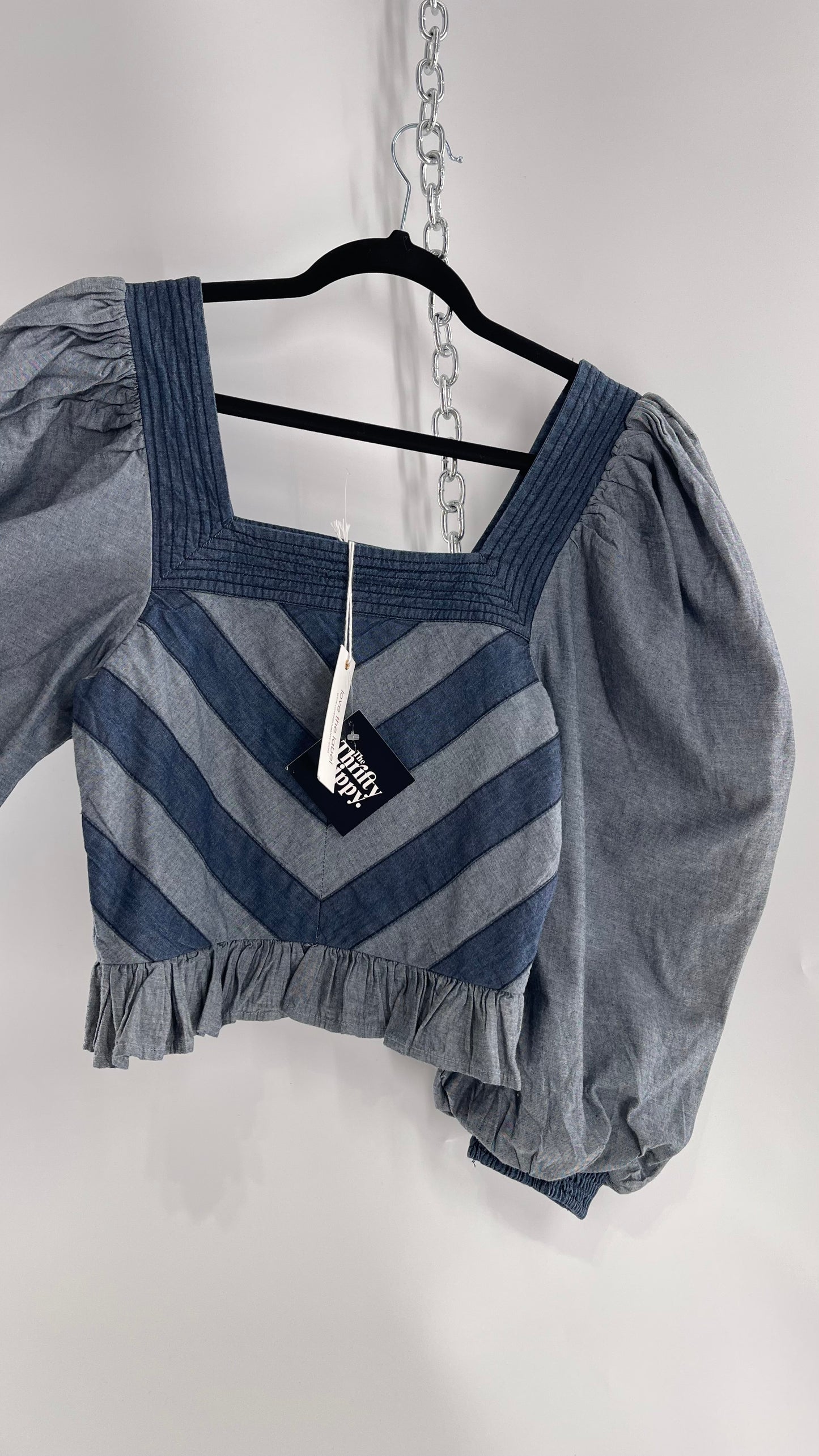 Love the Label ANTHROPOLOGIE Chambray, Chevron, Denim Smocked Blouse with Dramatic Sleeves and Tags Attached (Small)